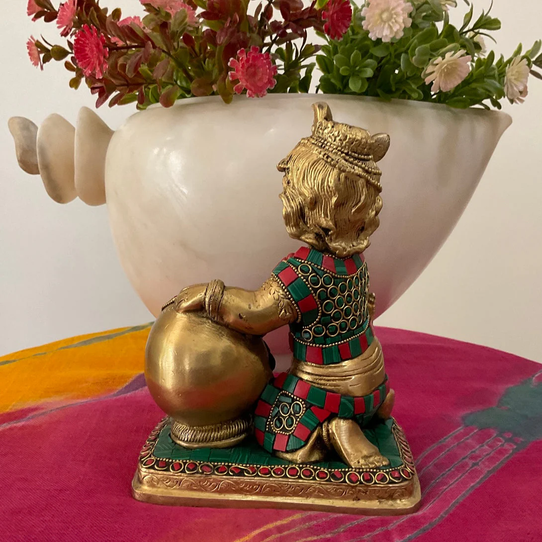 8 Inches Baby Krishna Brass Idol With Stonework - Makhan Chor Vasudev Murti