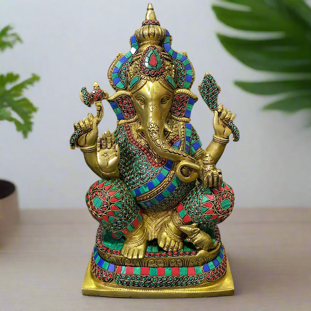 15 Inch Brass Ganesh Idol With Stonework - Ganpati Statue for Home Pooja, Housewarming Gift