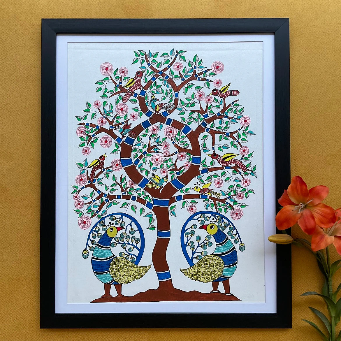 25.5 Inches Twin Birds Gond Art - Handpainted Wall Decor