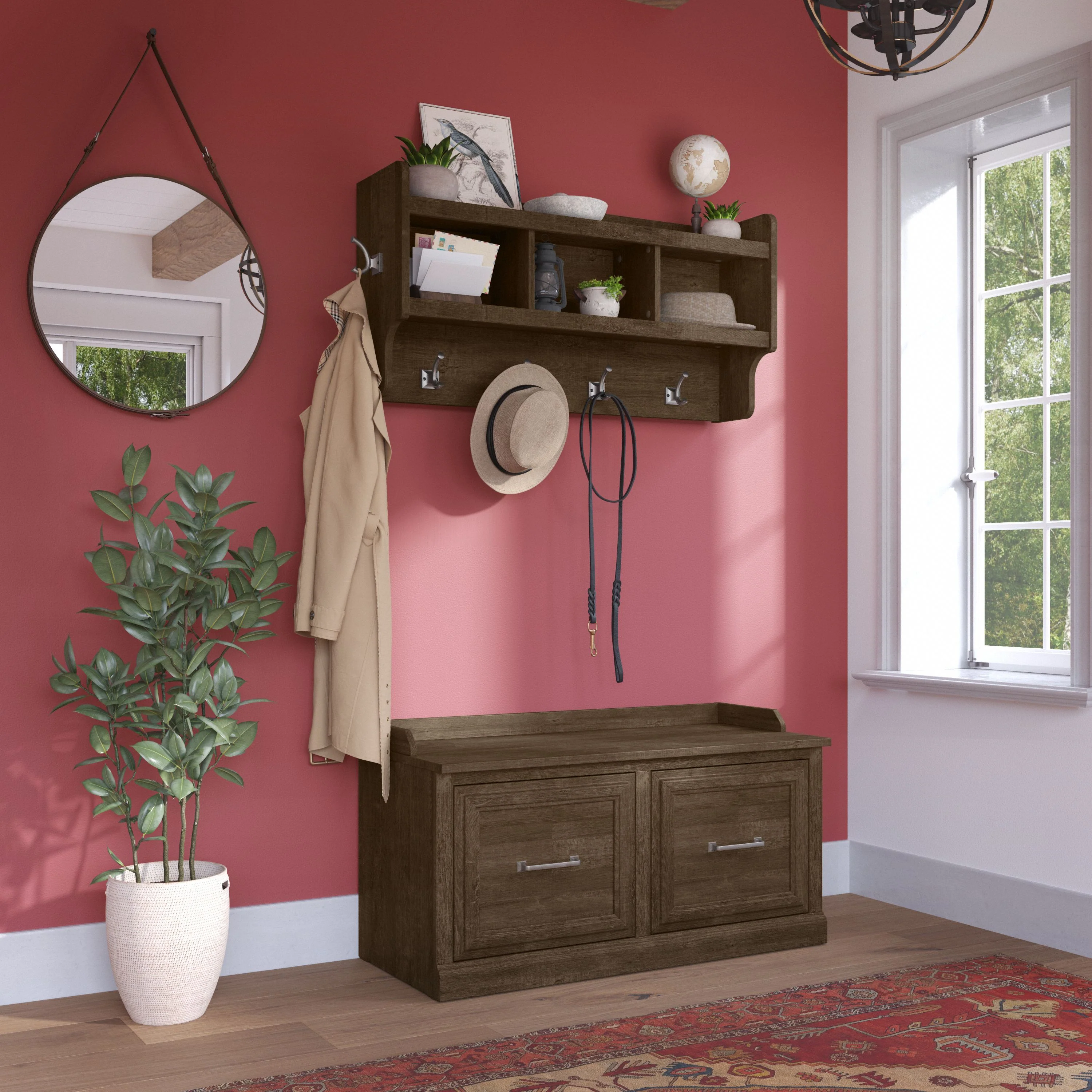 Woodland 40W Shoe Storage Bench with Doors and Wall Mounted Coat Rack