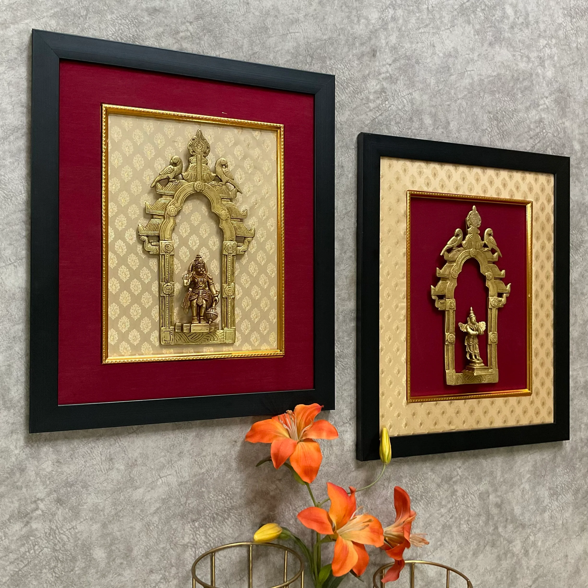 Framed Brass Prabhavali (Set of 2) - Lord Hanumanji And Garuda - Ethnic Wall Decor