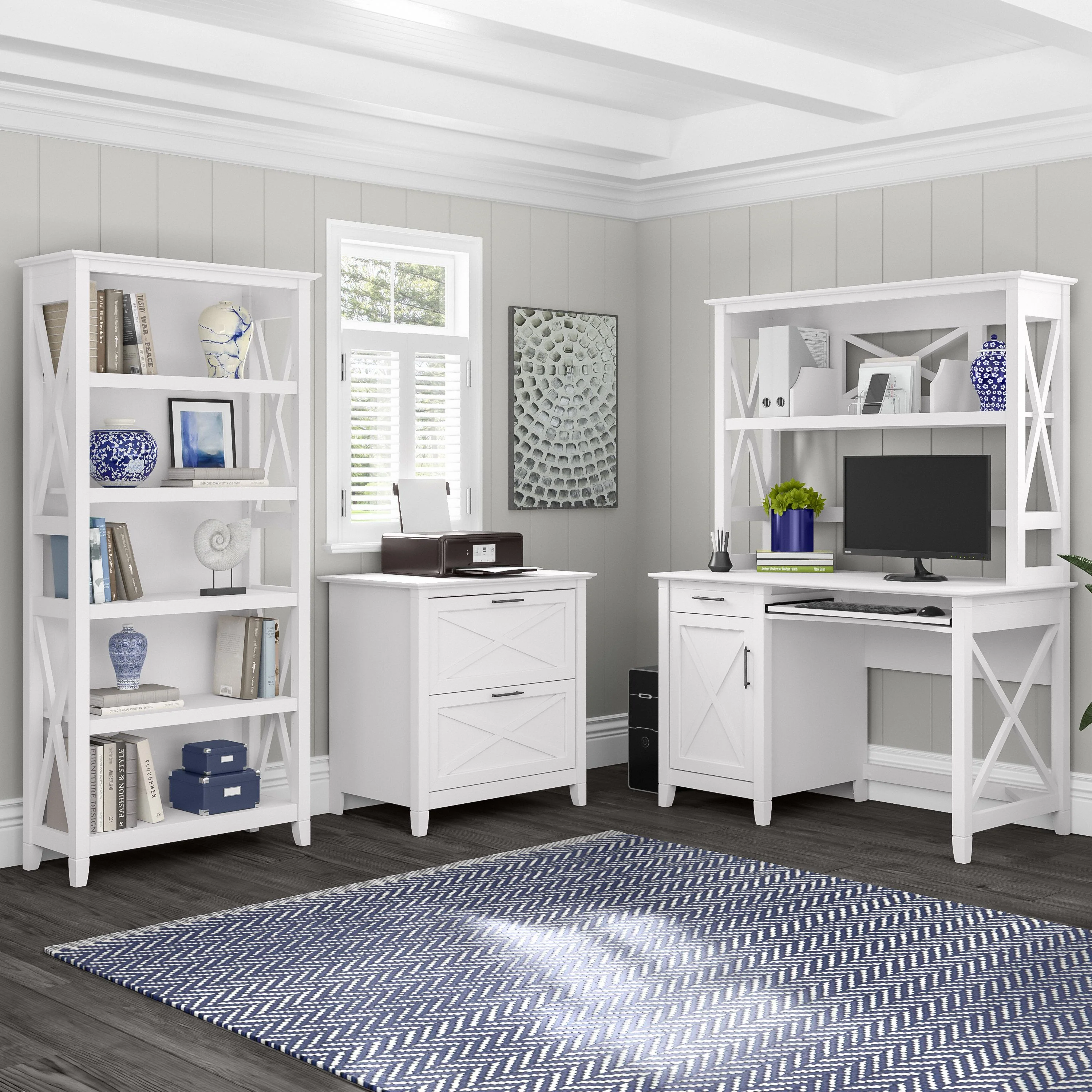 48W Small Computer Desk with Hutch, Bookcase and Lateral File Cabinet