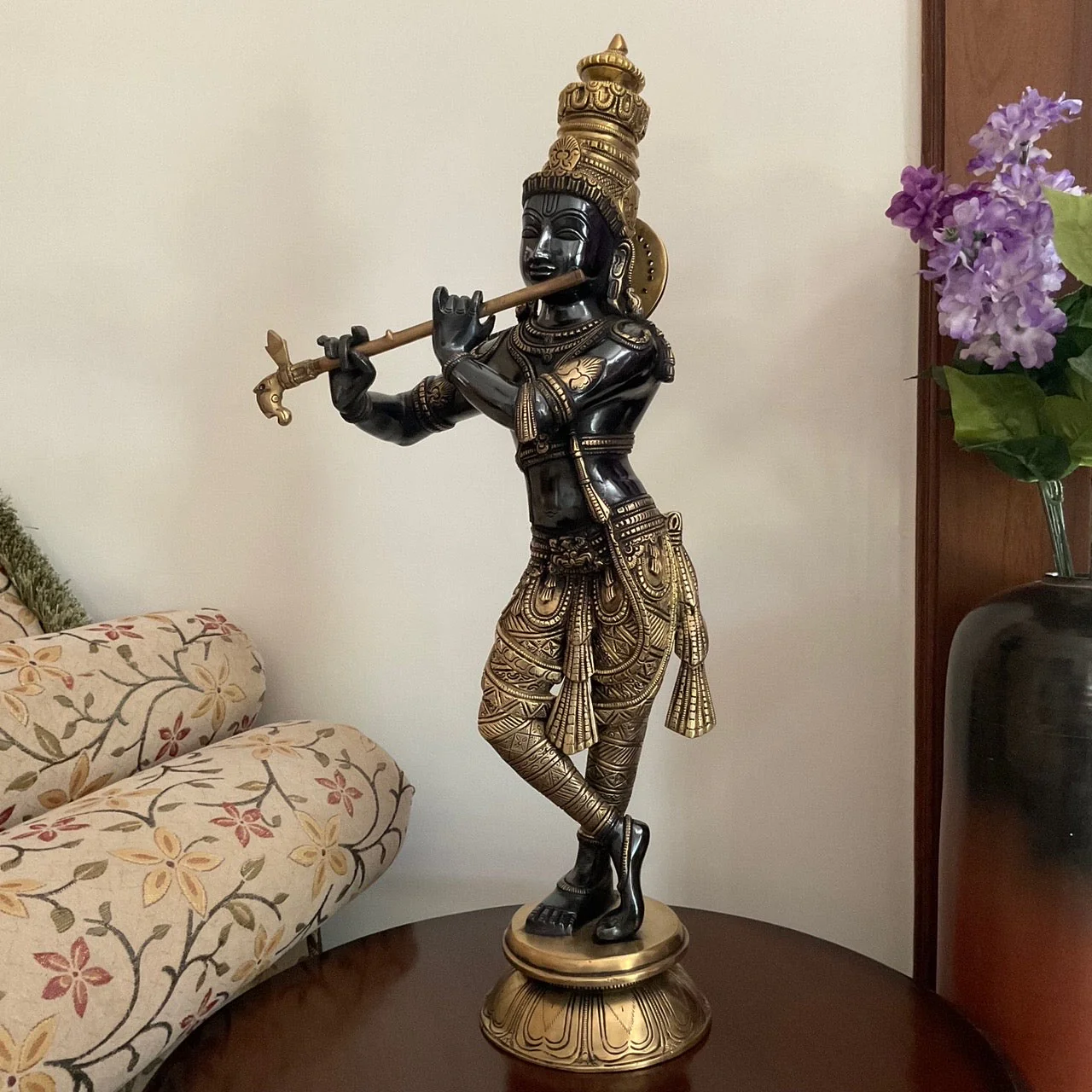 23 Inches Lord Krishna Brass Idol Statue In Dual Finish - Decorative Figurine