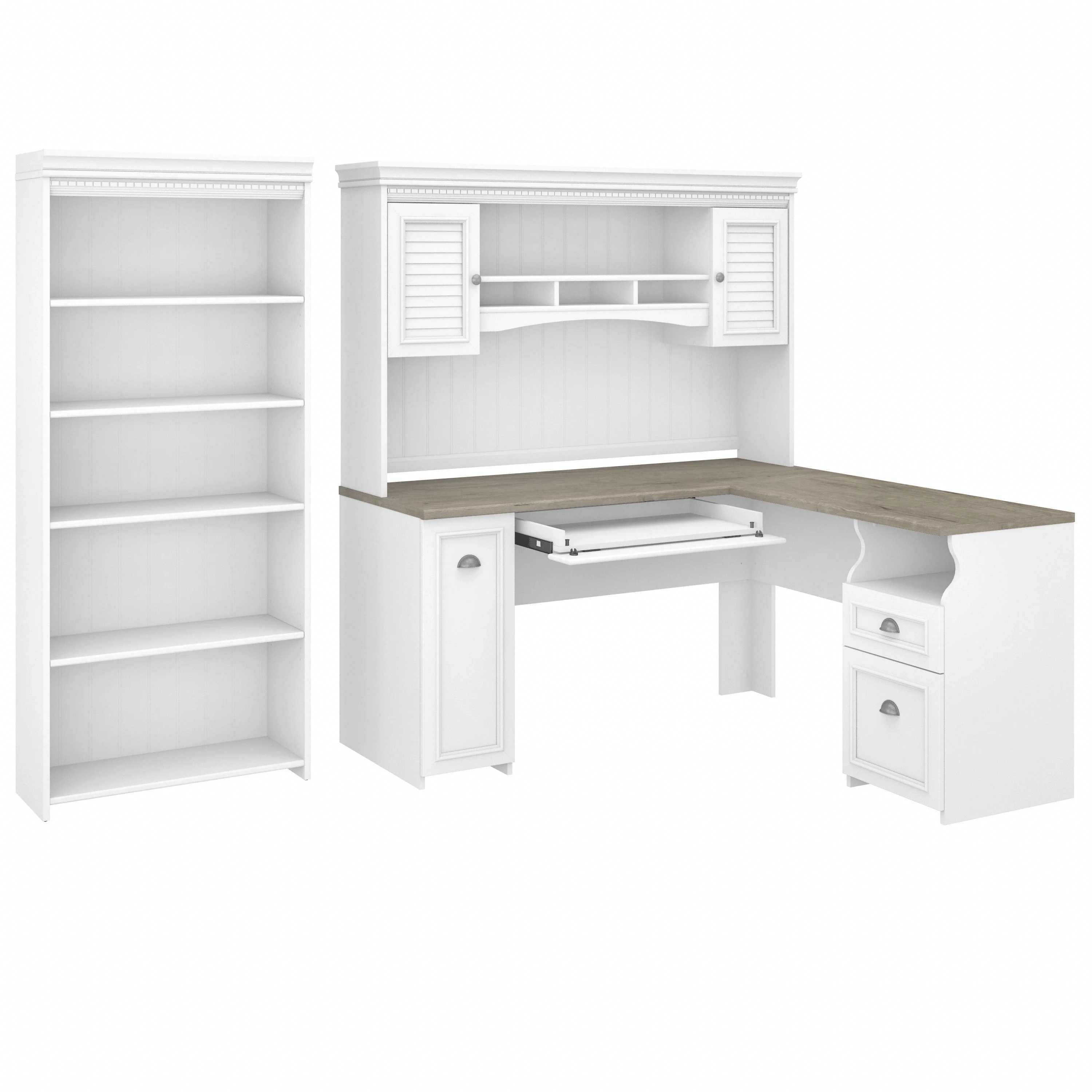 Fairview 60W L Shaped Desk with Hutch and 5 Shelf Bookcase