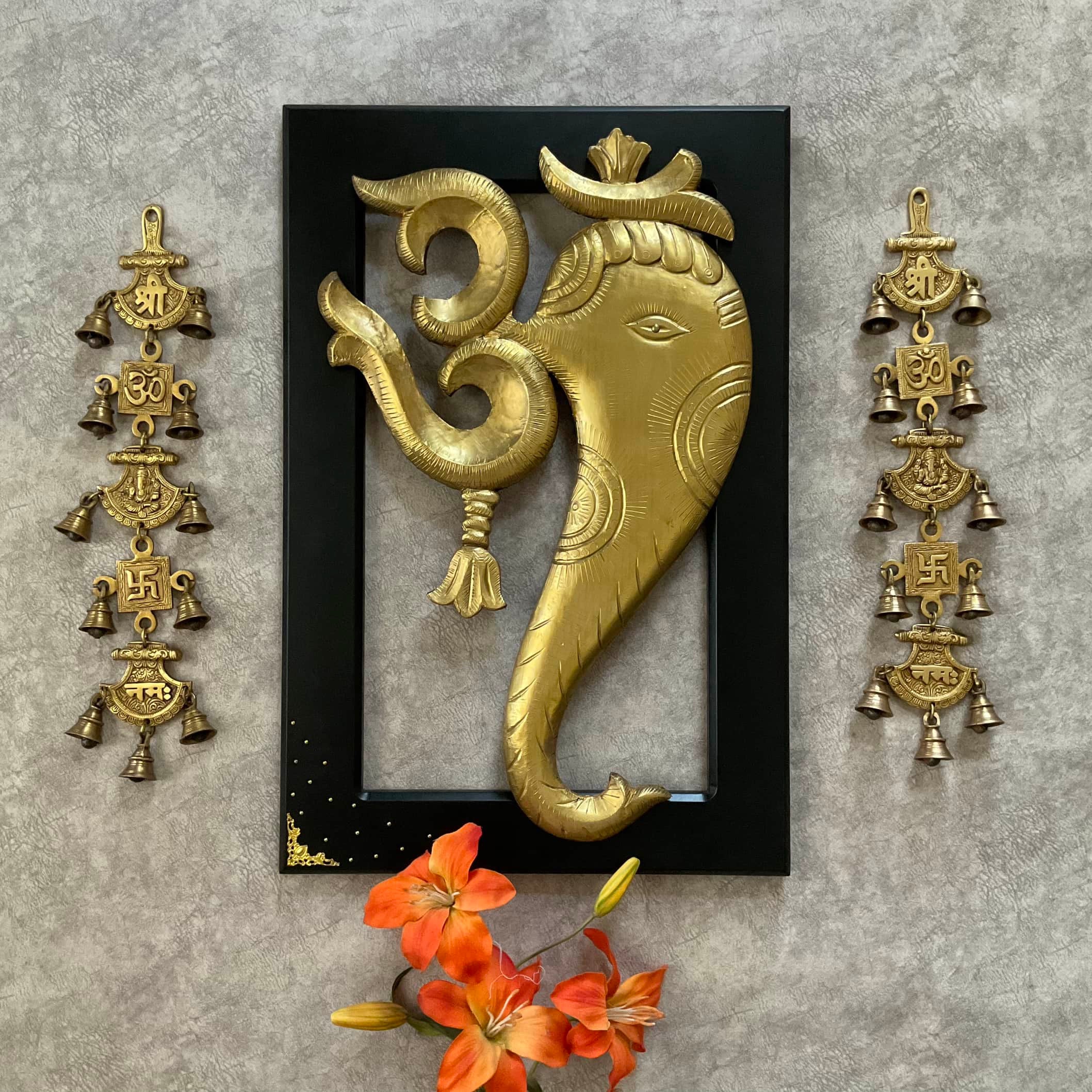 24 Inches Om Ganesha Wall Hanging with Bells (Set of 3) - Wall Decor