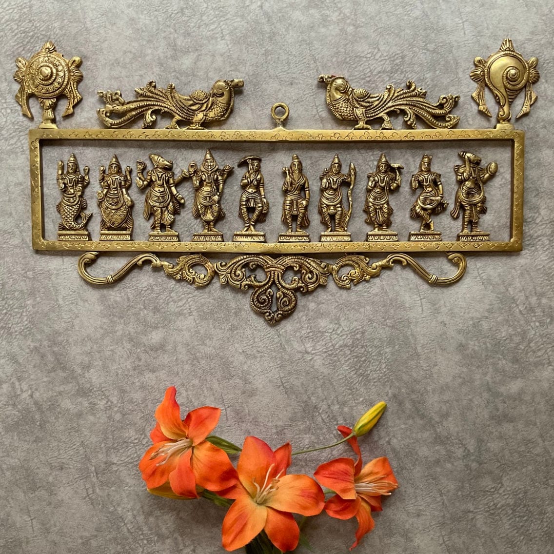 Lord Vishnu Dashavatar Brass Divine Wall Hanging - Antique Finish