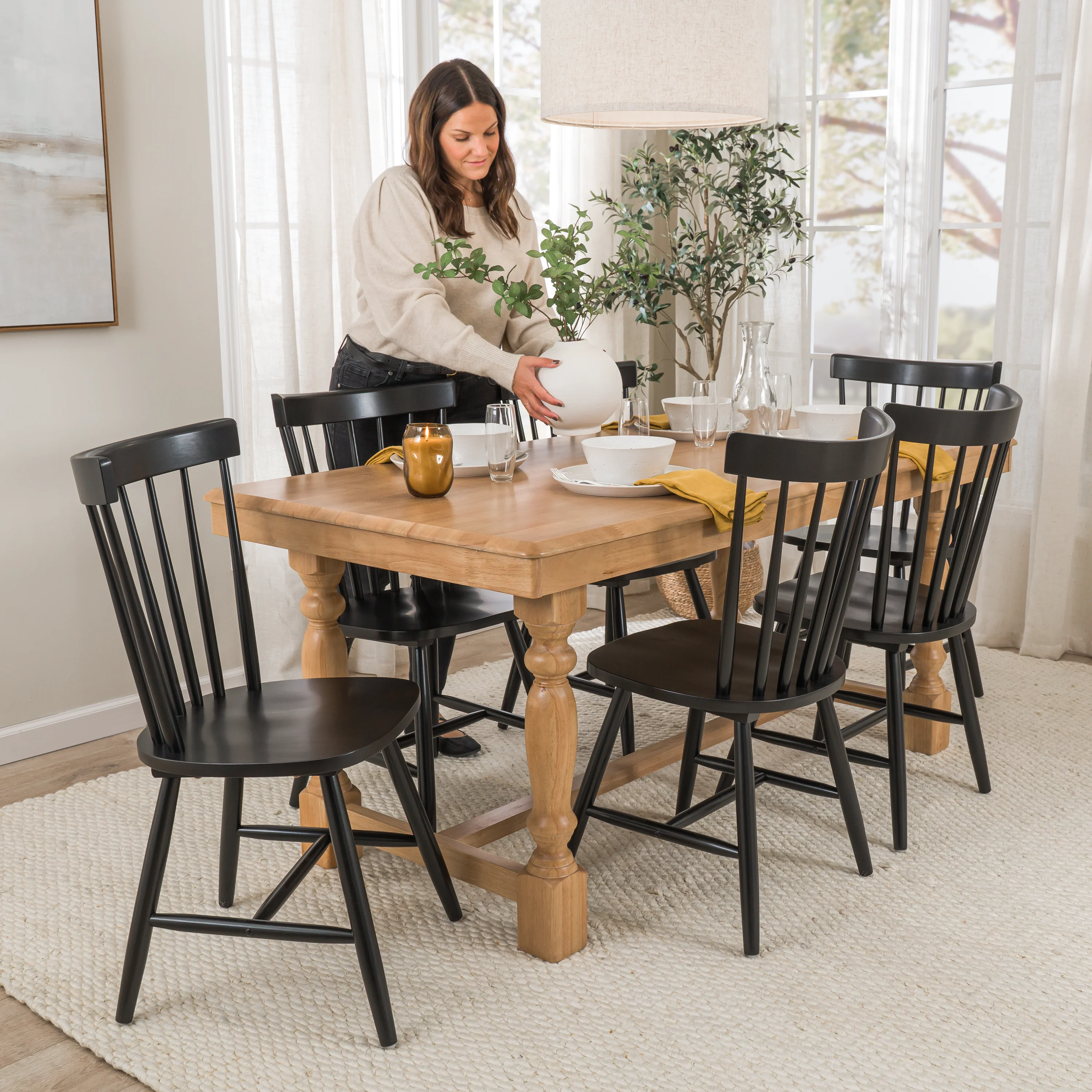 Sterling 67W Squire Trestle Dining Table with 6 High Back Spindle Dining Chairs