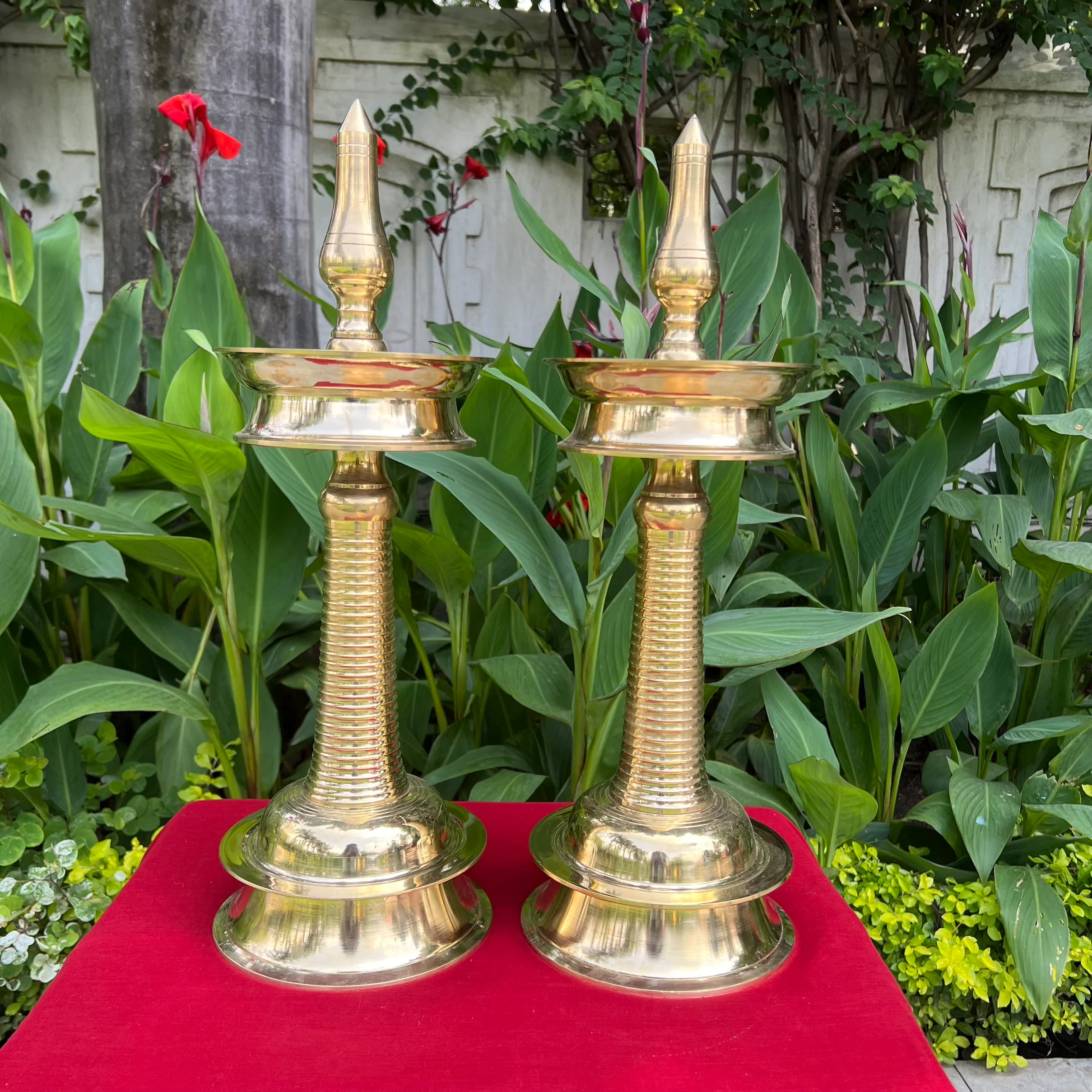 21.5 Inch Brass Kerala Nilavilakku (Set of 2) - Handmade Brass Lamp Diya - Decorative Decor