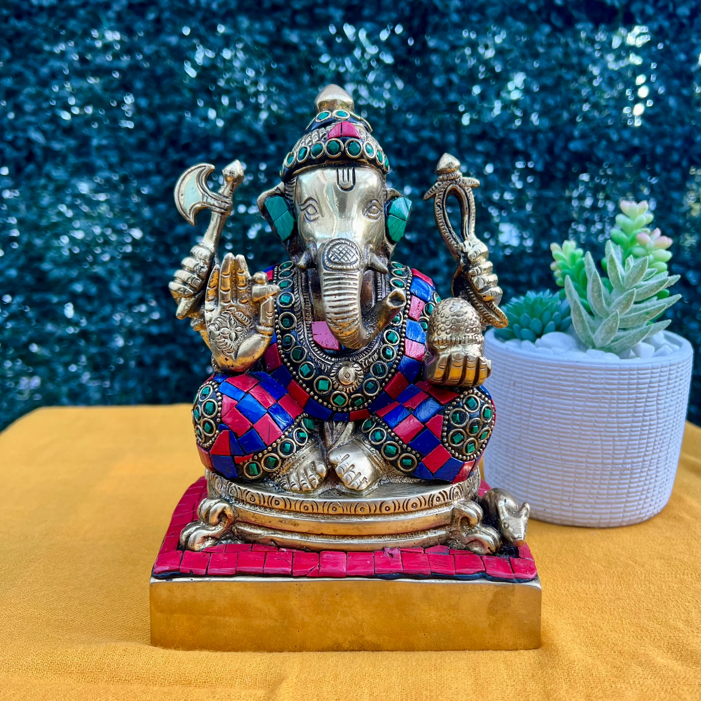 8 Inches Lord Ganesh Brass Idol - handcrafted Stonework - Ganpati Decorative Statue for Home Decor - Housewarming Gift