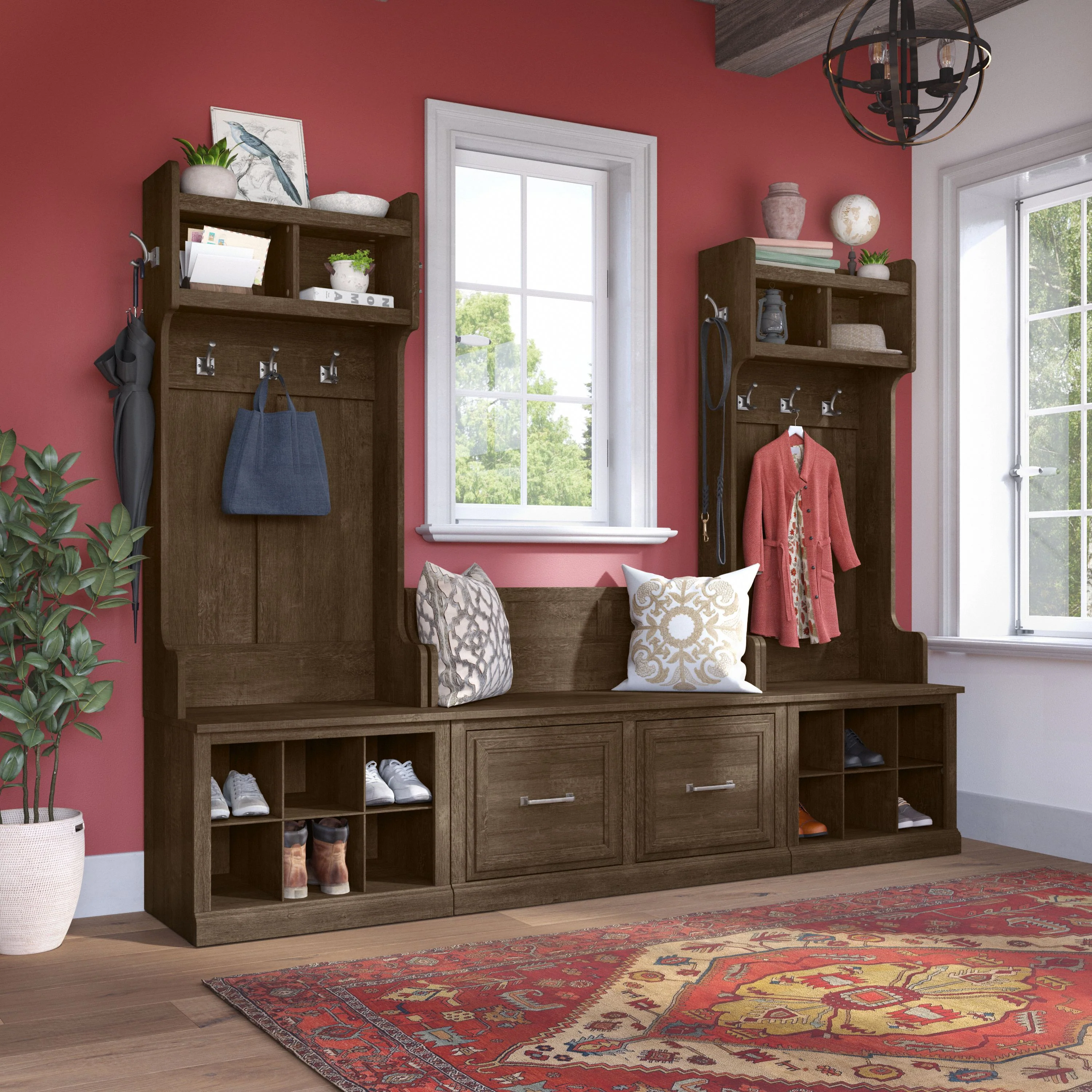 Woodland Entryway Storage Set with Hall Trees and Shoe Bench with Doors