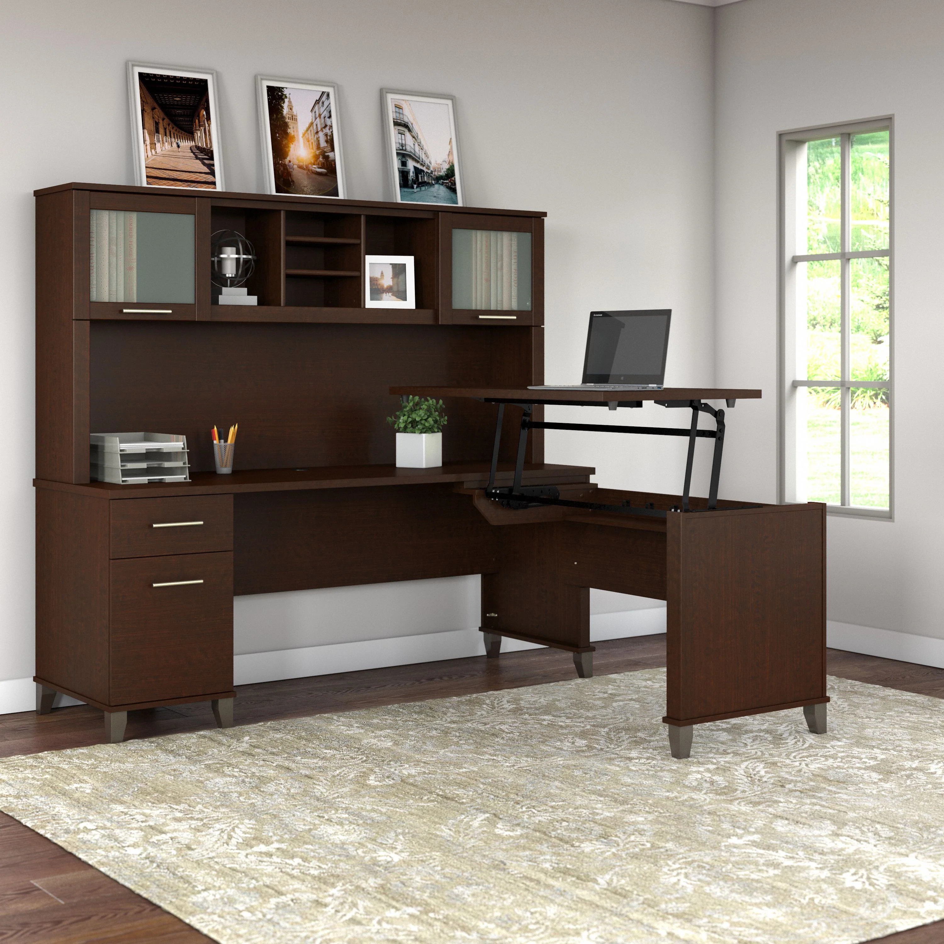 Somerset 72W 3 Position Sit to Stand L Shaped Desk with Hutch