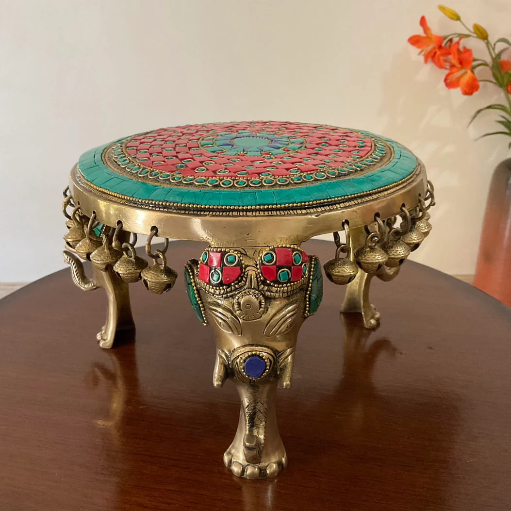 Elephant Brass Stonework Chowki With Bells For Idols And Pooja