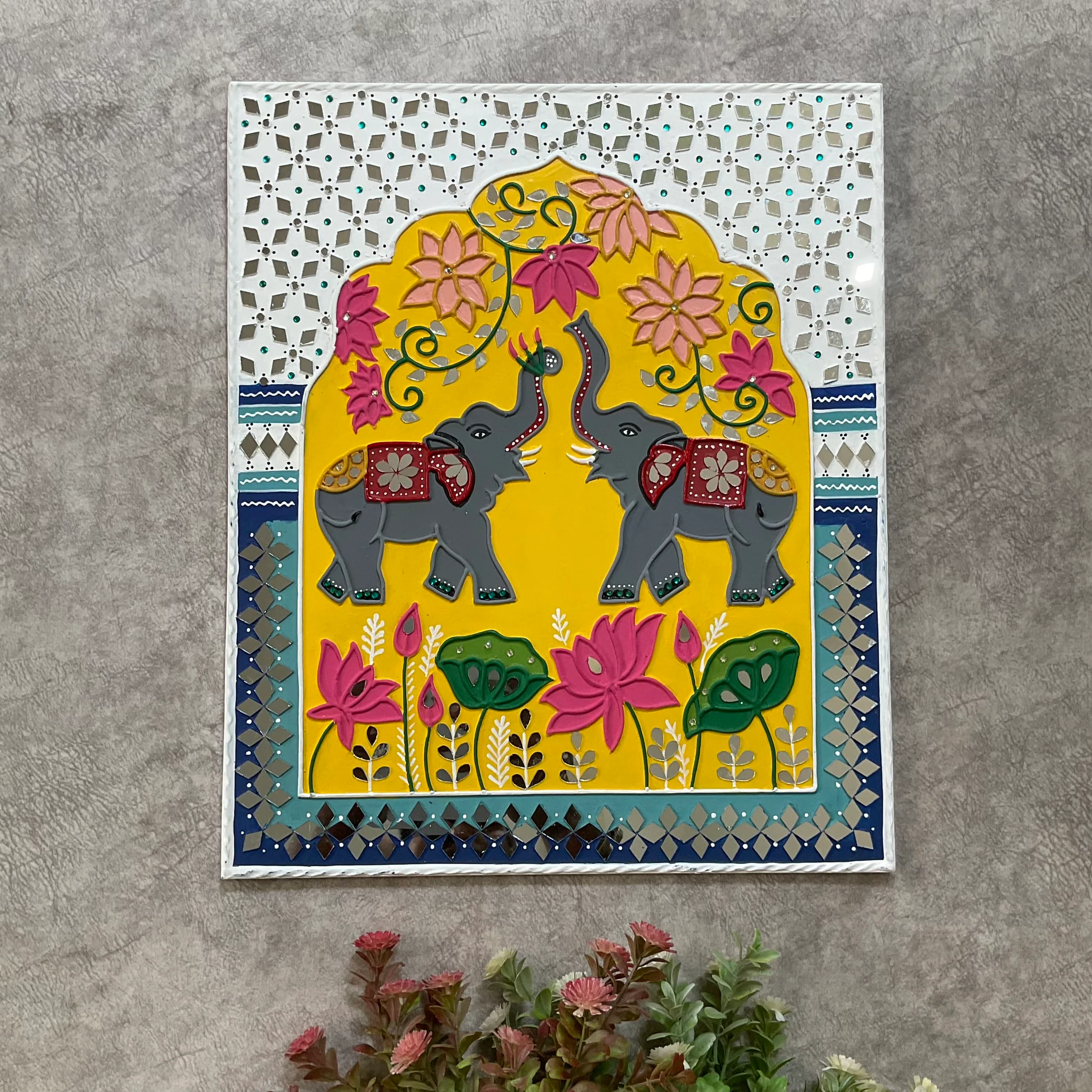 18 Inch Lotus Elephant Lippan Wall Hanging - Clay Mirror Wall Decor