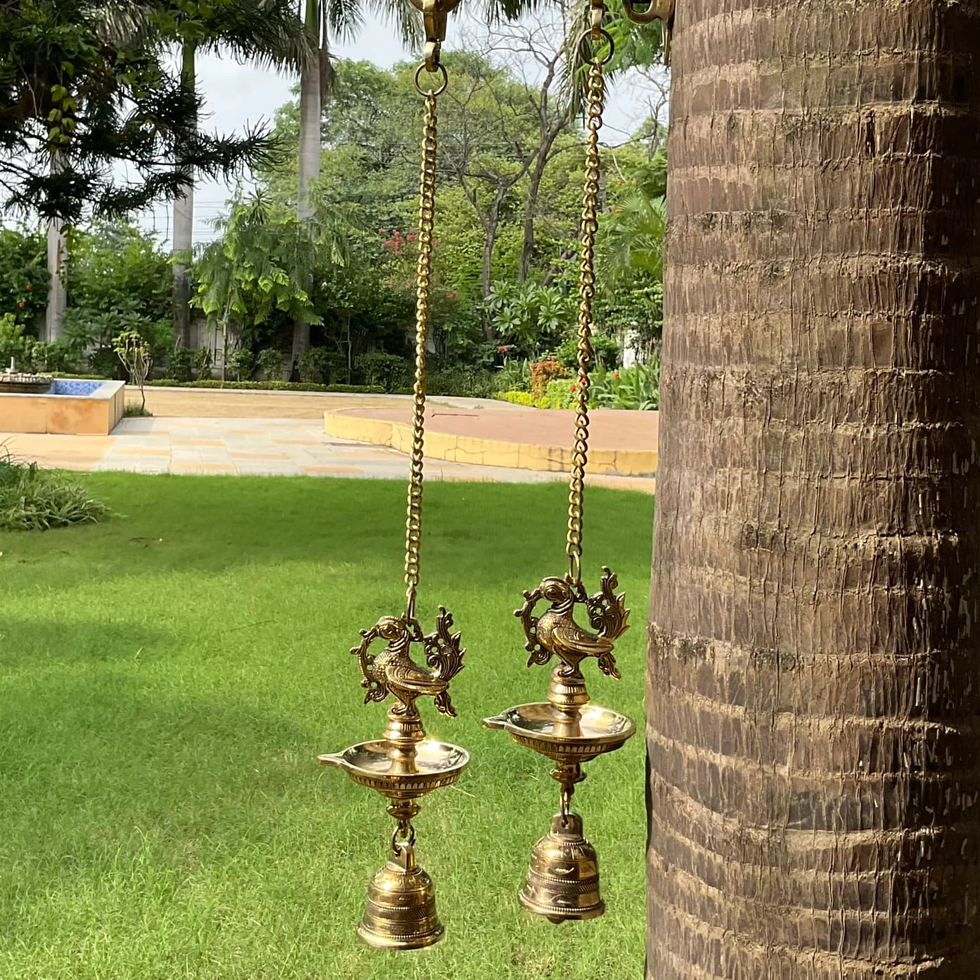 Annapakshi Hanging Diya Lamp With Bell Brass Festive Home Decor (Set of 2)