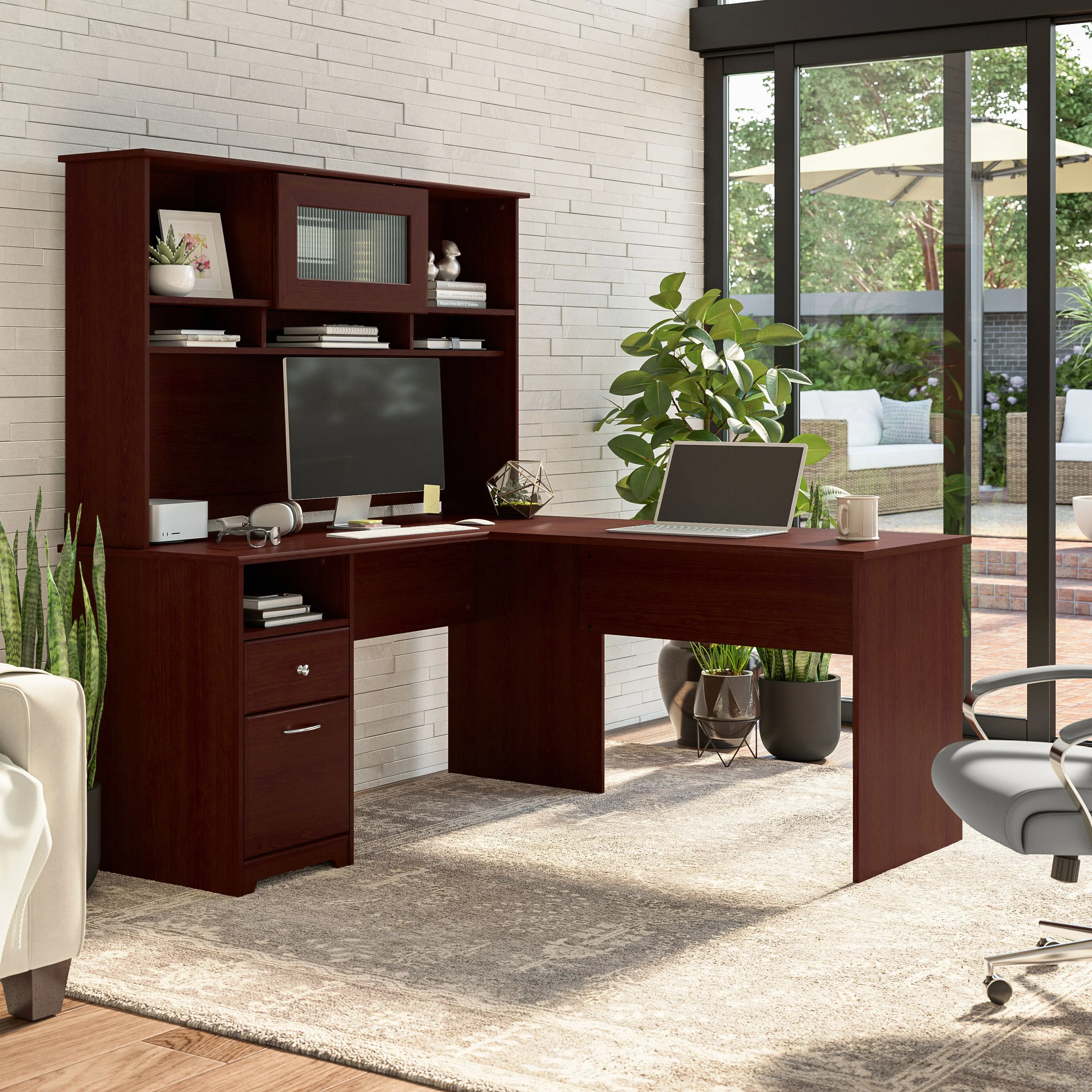 Cabot 60W L Shaped Computer Desk with Hutch and Drawers