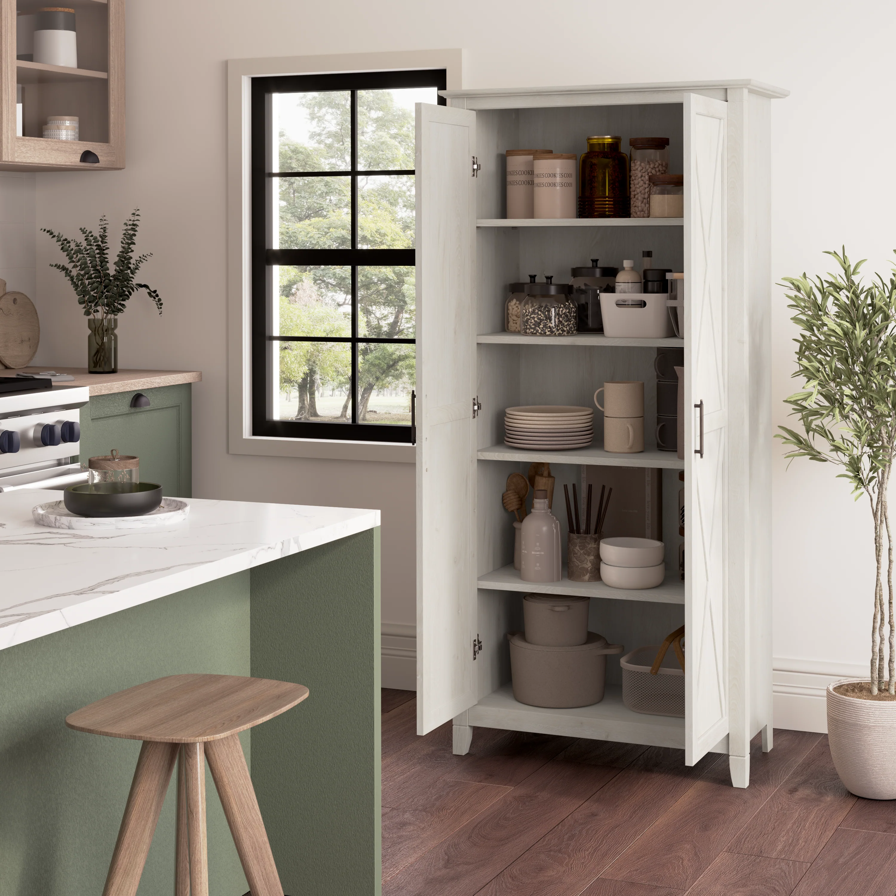 Key West Tall Kitchen Pantry Cabinet with Doors and Shelves