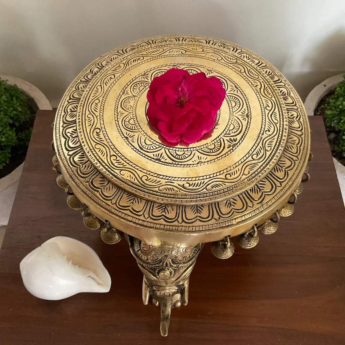 Elephant Brass Chowki With Bells For Idols And Pooja
