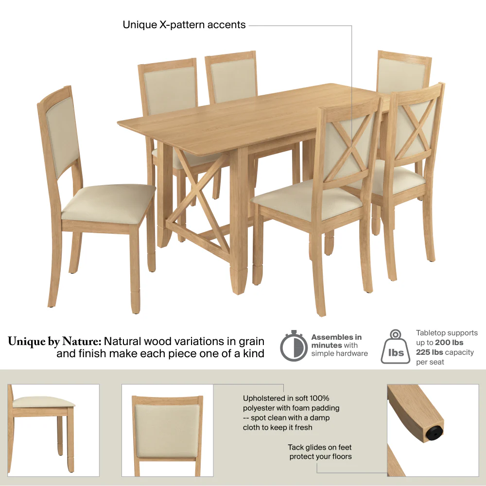 Bush Home Key West 70W Cross Base Dining Table with 6 Upholstered Cross Back Chairs