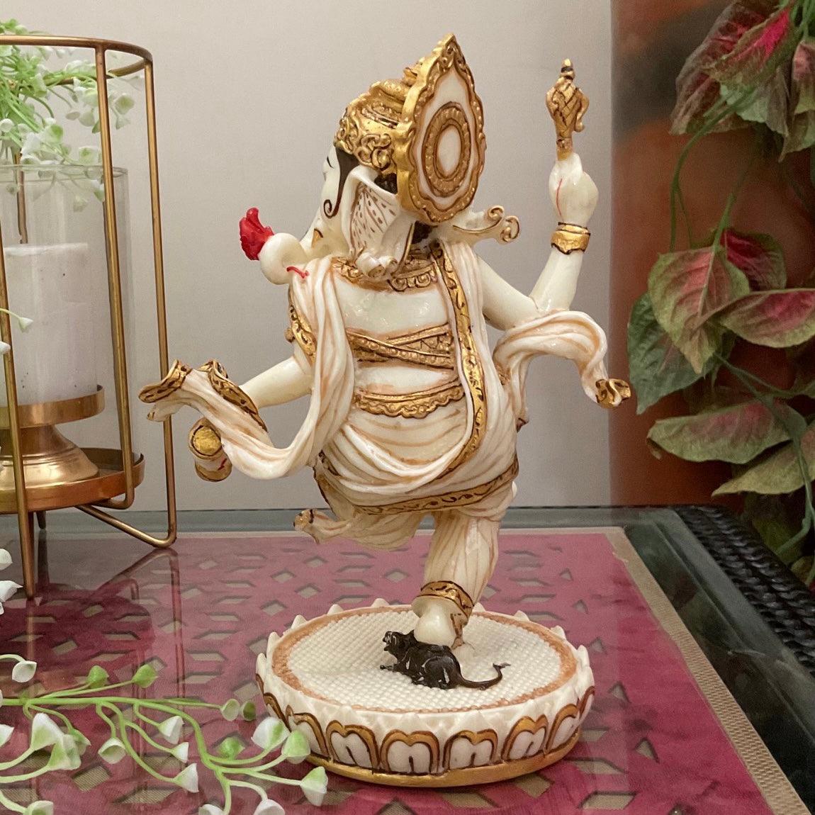 Dancing Ganesha Marble Dust Resin Idol -  Hindu God Statue - Decorative Murti