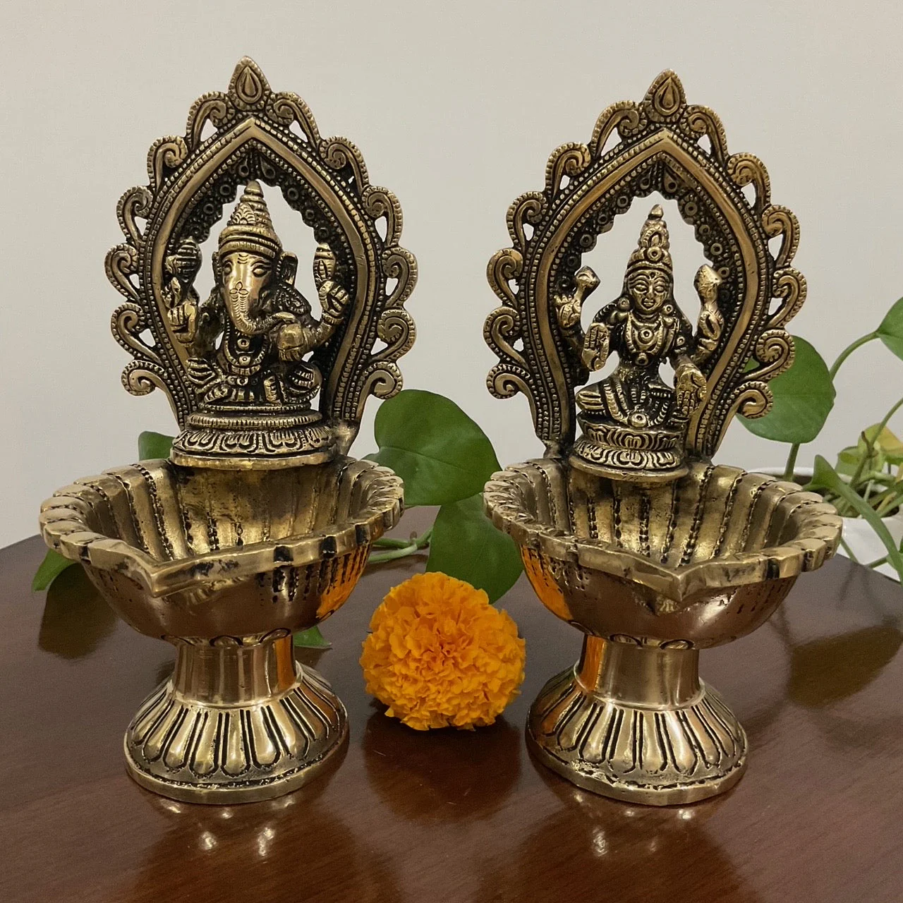 Lakshmi Ganesha Brass Diya Lamp (Set of 2)  - Antique Finish - Temple Decor