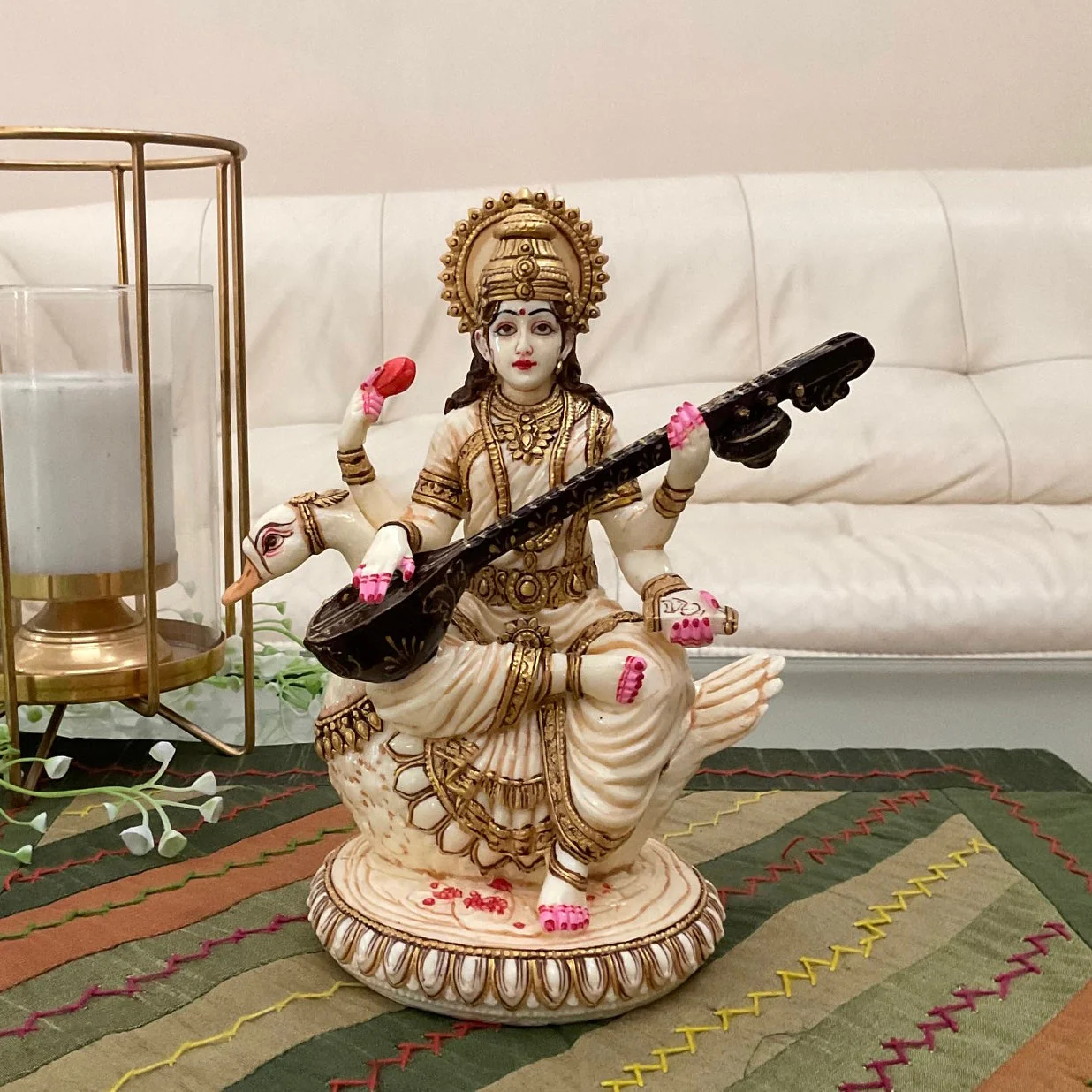 Goddess Saraswati Statue, Marble Dust Resin Idol For Home