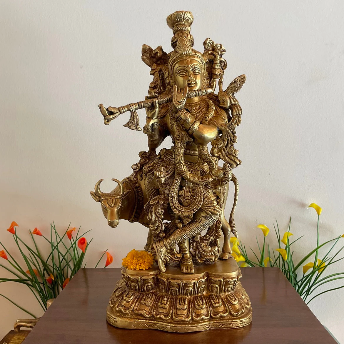 17 Inches Lord Krishna & Cow Brass idol - Krishna Statue for Indian Decor