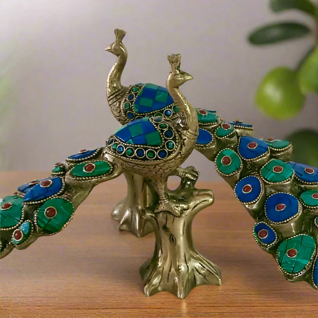 9 Inches Handcrafted Brass Peacock Figurine With Stonework (set of 2)