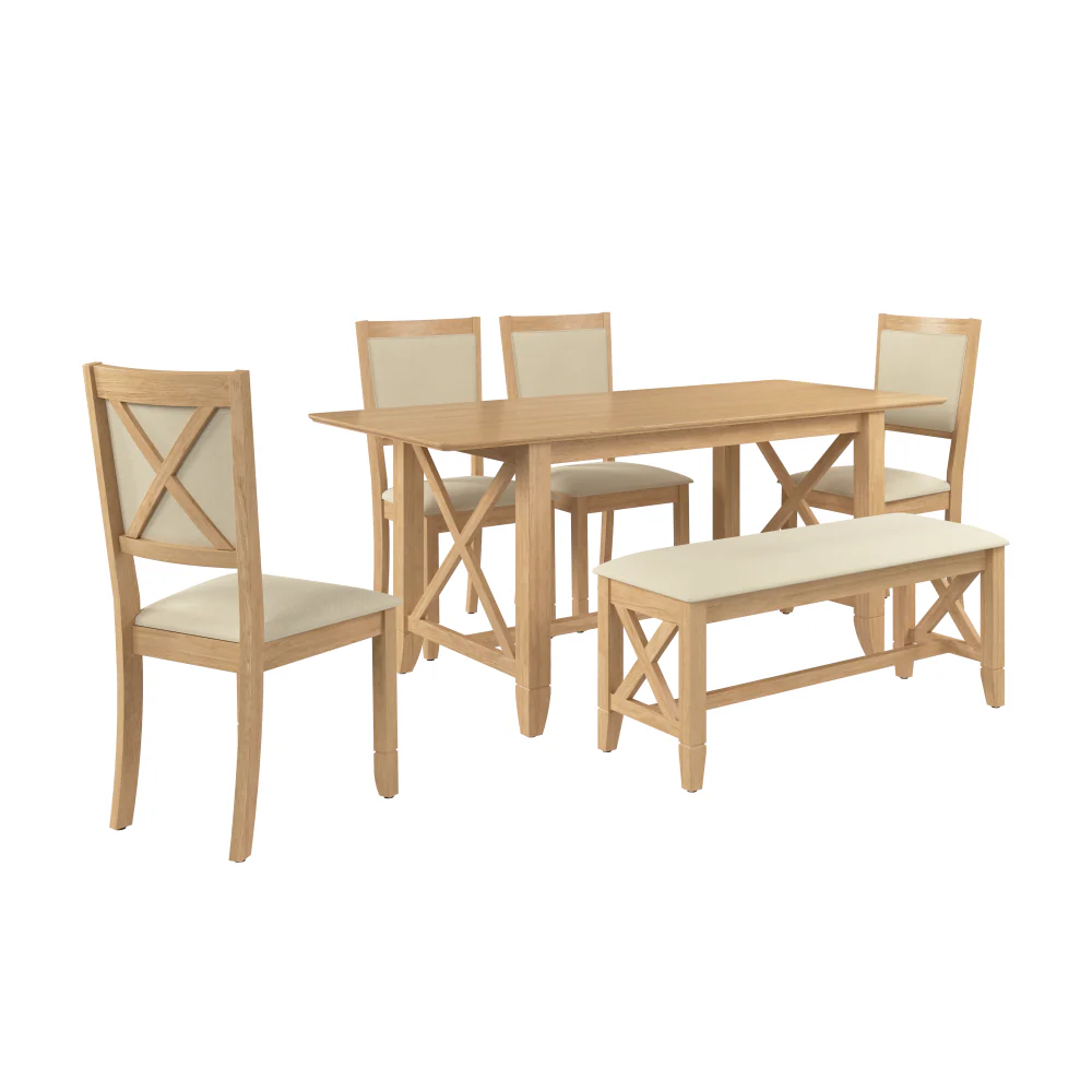 Bush Home Key West 70W Cross Base Dining Table with 4 Upholstered Cross Back Chairs and 1 Bench