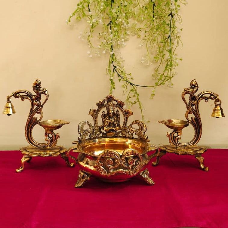 Decorative Brass Lakshmi urli and Peacock Diya (Set of 3)