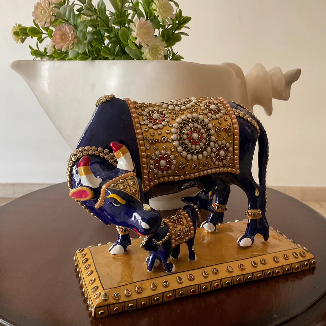 9 Inches Kamdhenu Cow and Calf Set Metallic Statue