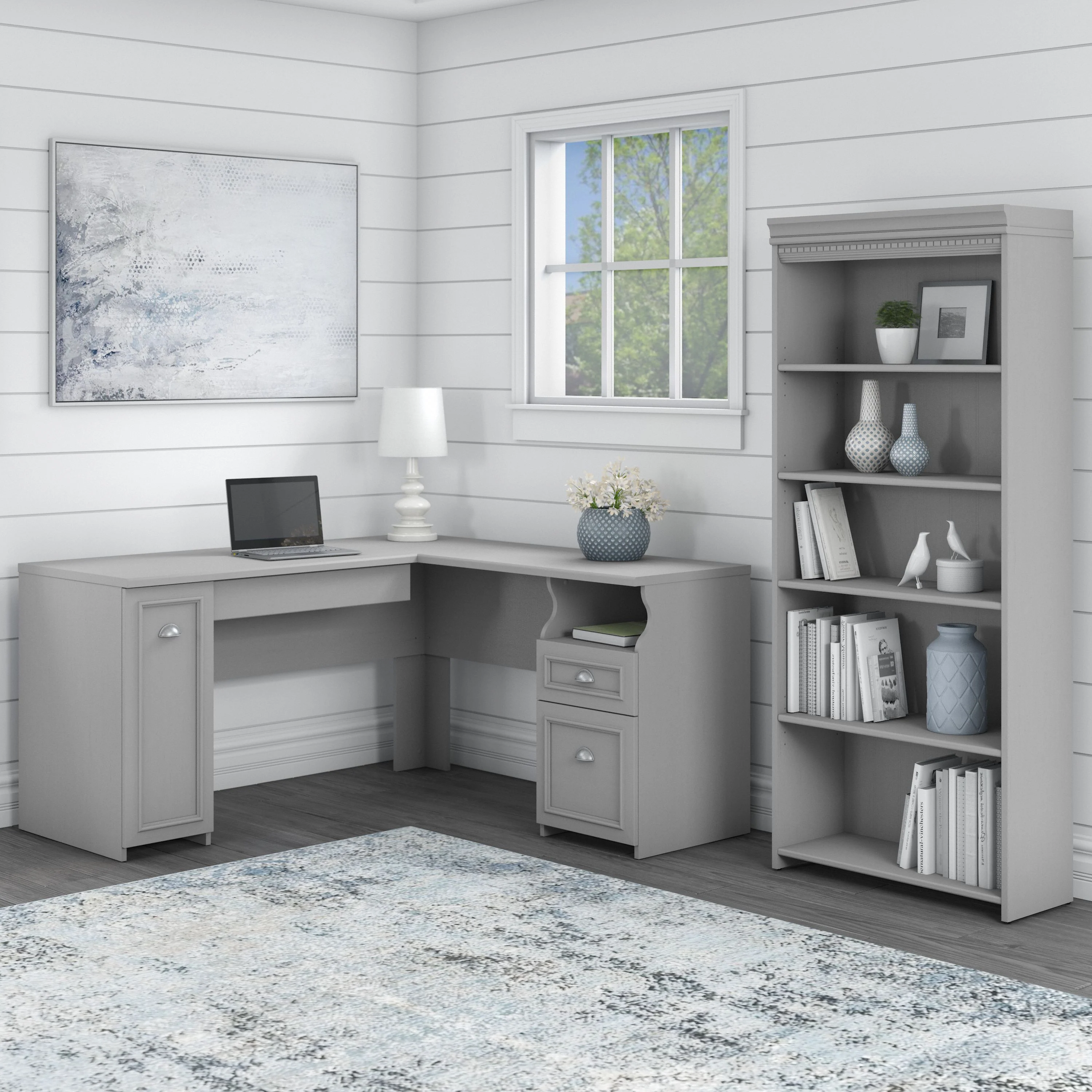 60W L Shaped Desk with 5 Shelf Bookcase
