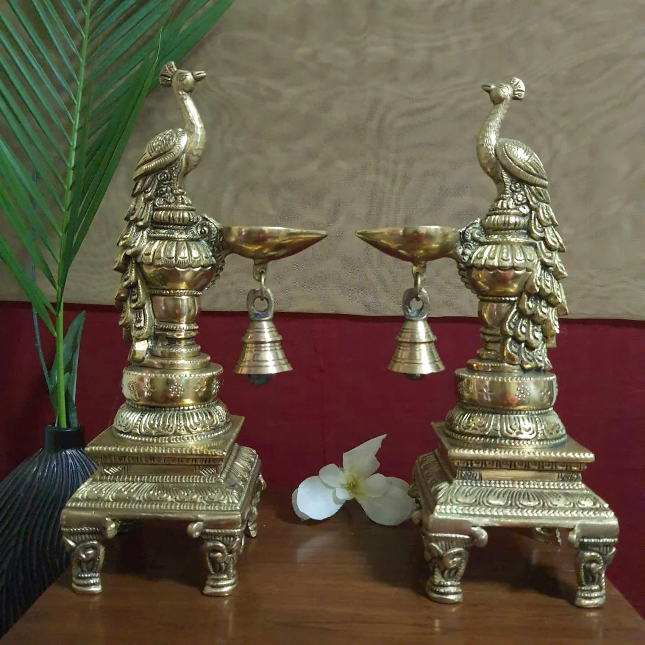 Sitting Peacock Diya & Bell (Set of 2) - Handmade Brass lamp - Decorative