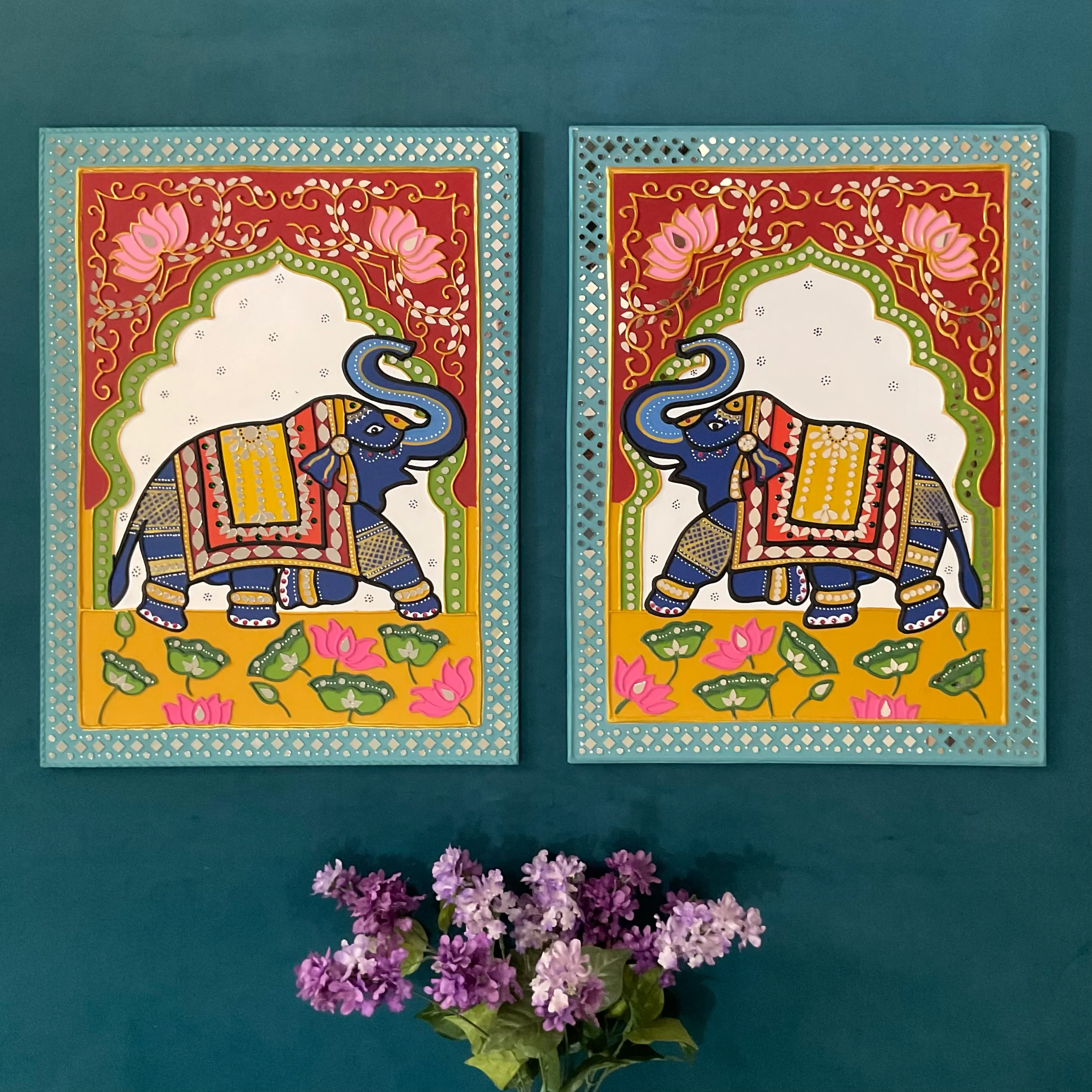 Elephant Lippan Wall Hanging Set of 2 - Clay Mirror Wall Decor