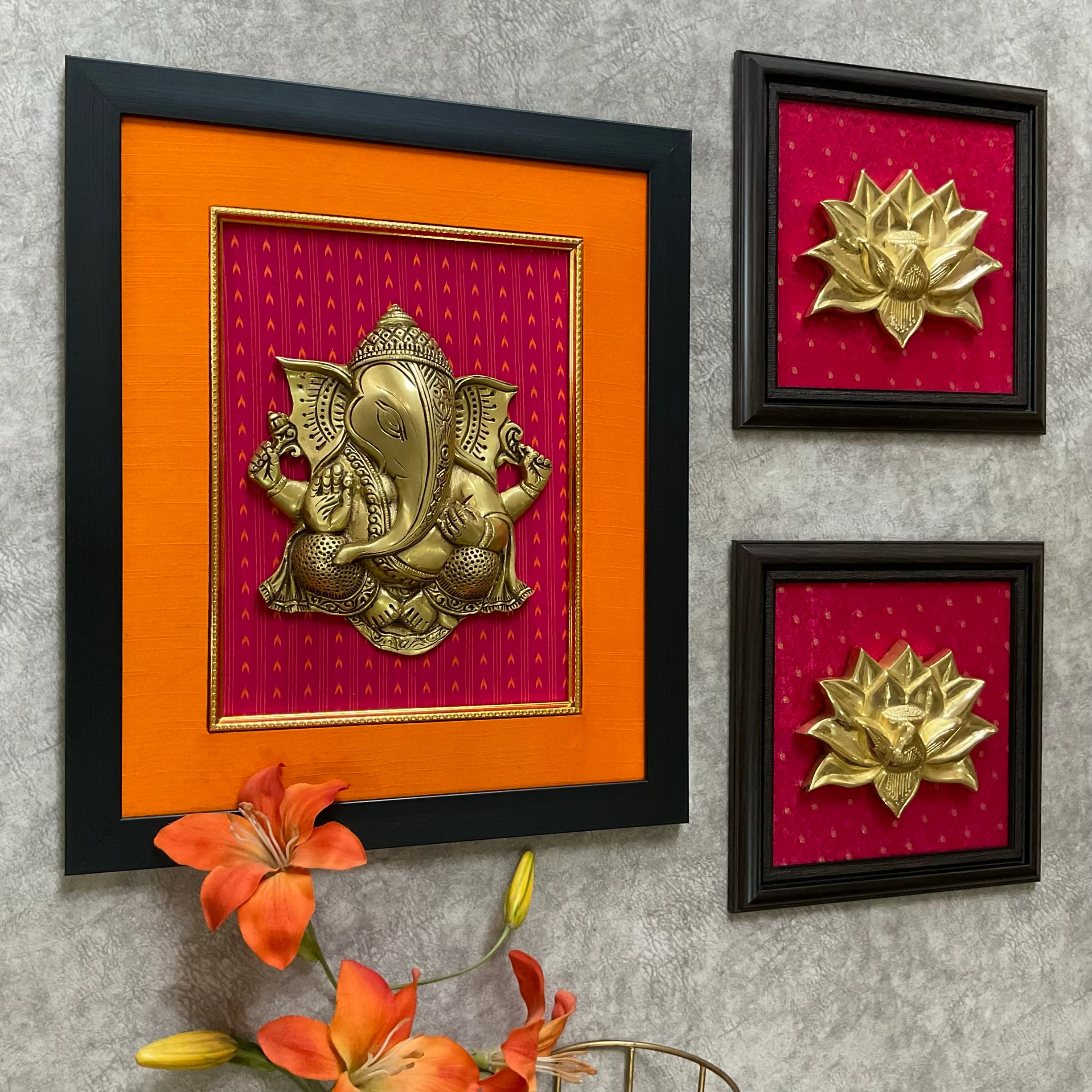 Framed Brass Ganesha Lotus Wall Hanging (Set of 3)