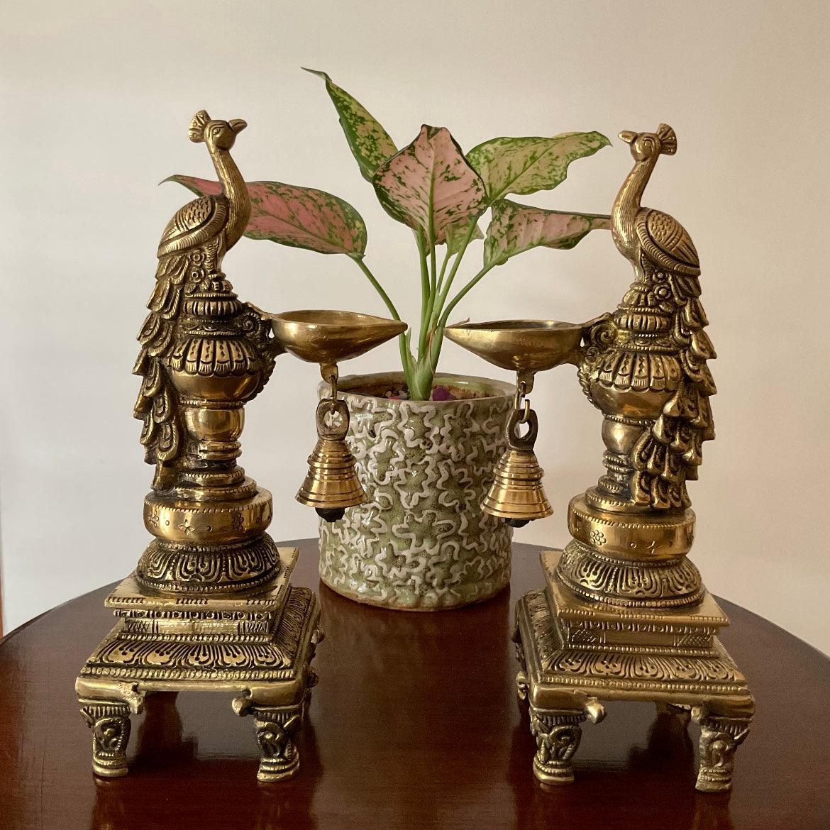 Sitting Peacock Diya & Bell (Set of 2) - Handmade Brass lamp - Decorative
