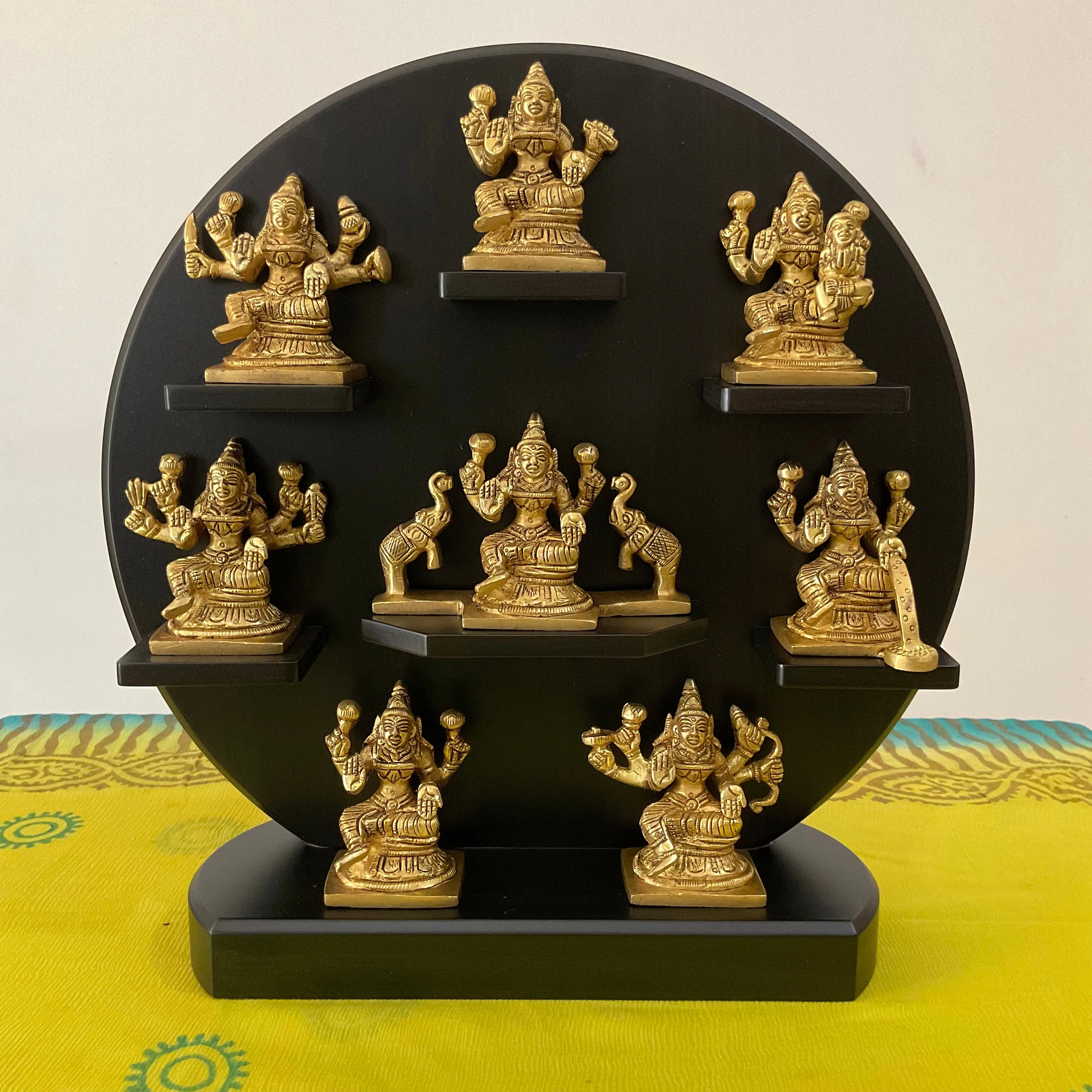 2.5 Inches Ashtalakshmi Brass Idol With 12 Inches Wooden Shelf