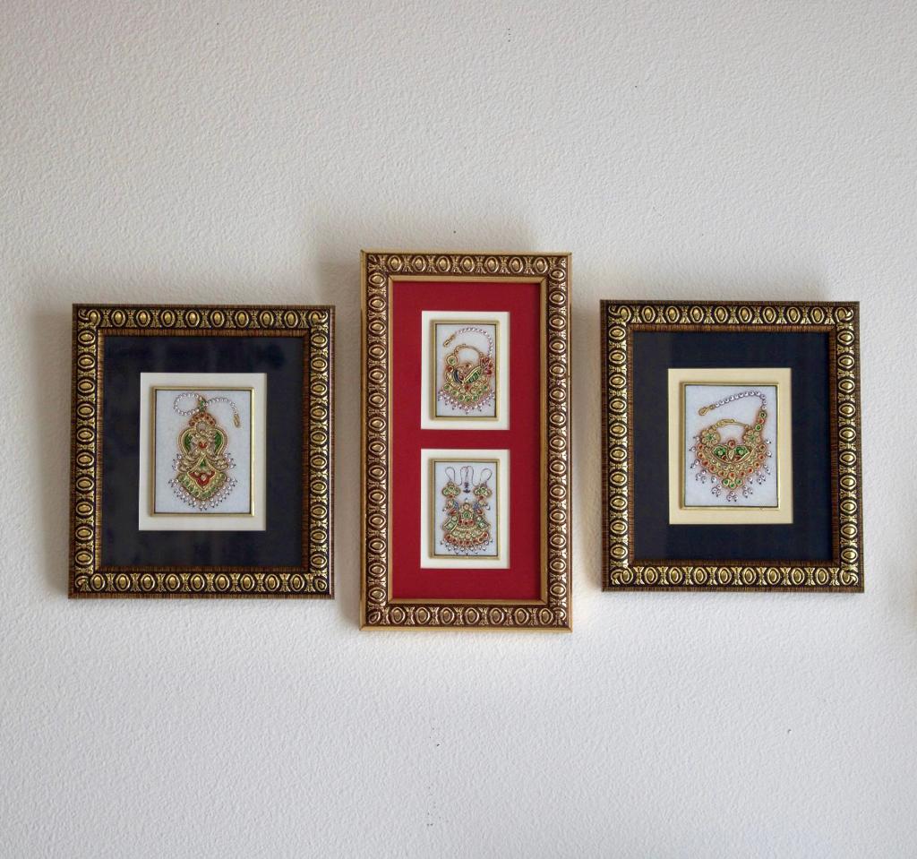 Handcrafted Jewelry Painting (Set of 3) - Wall Decor - 22K Gold Leaf Meenakari Marble Art