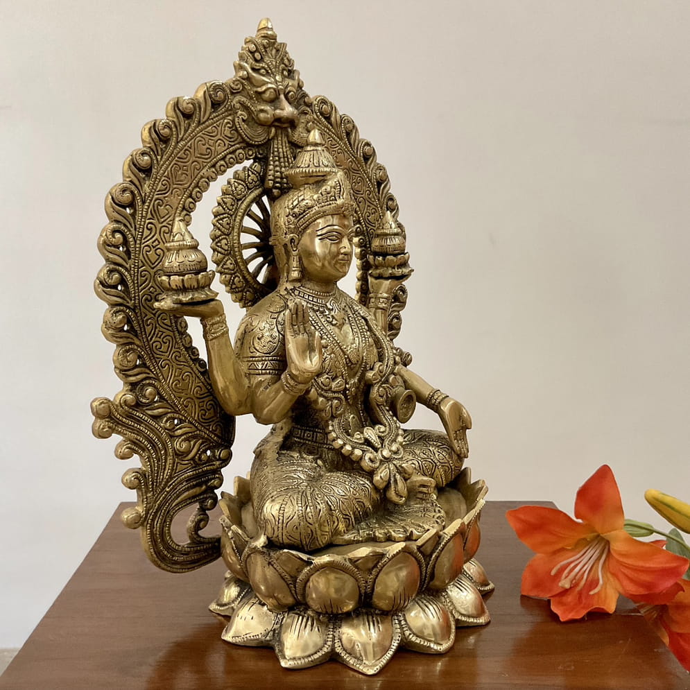 15 Inches Goddess Lakshmi Brass Idol - Goddess of Fortune, Wealth, Prosperity - Pooja Statue