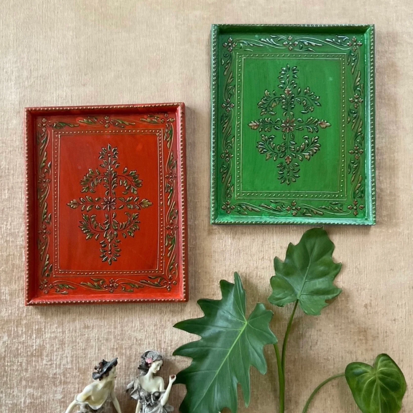 Colourful Flower Green Orange Wooden Wall Hanging (Set of 2) - Decorative Wall Decor for Living Room