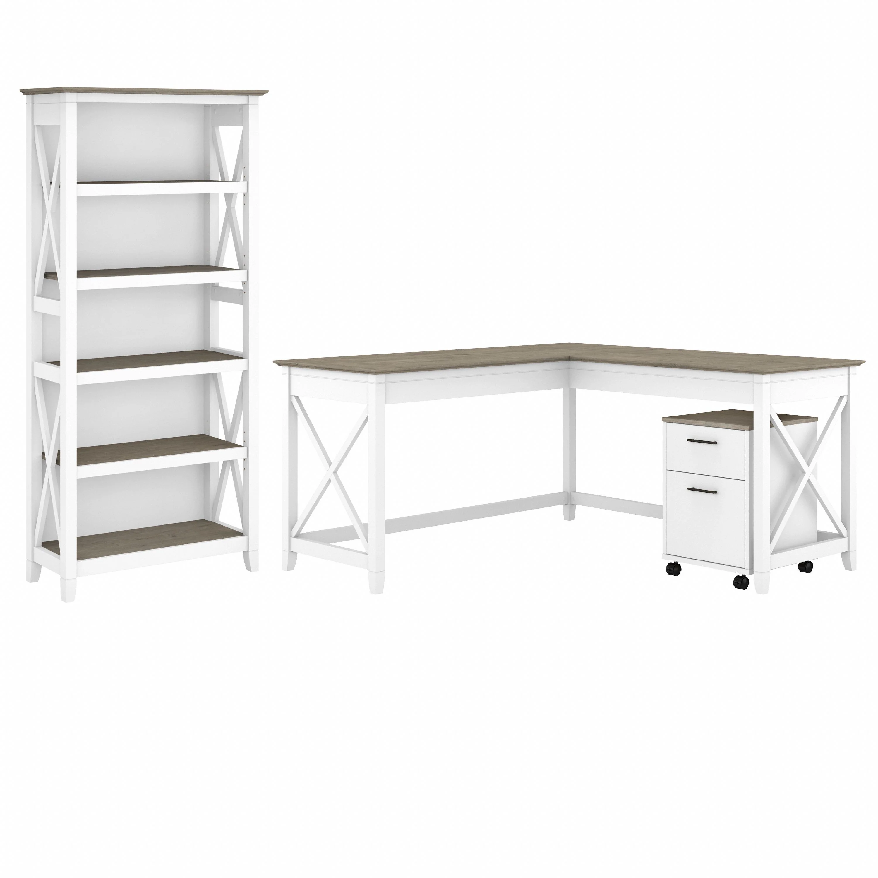 Key West 60W L Shaped Desk with 2 Drawer Mobile File Cabinet and 5 Shelf Bookcase