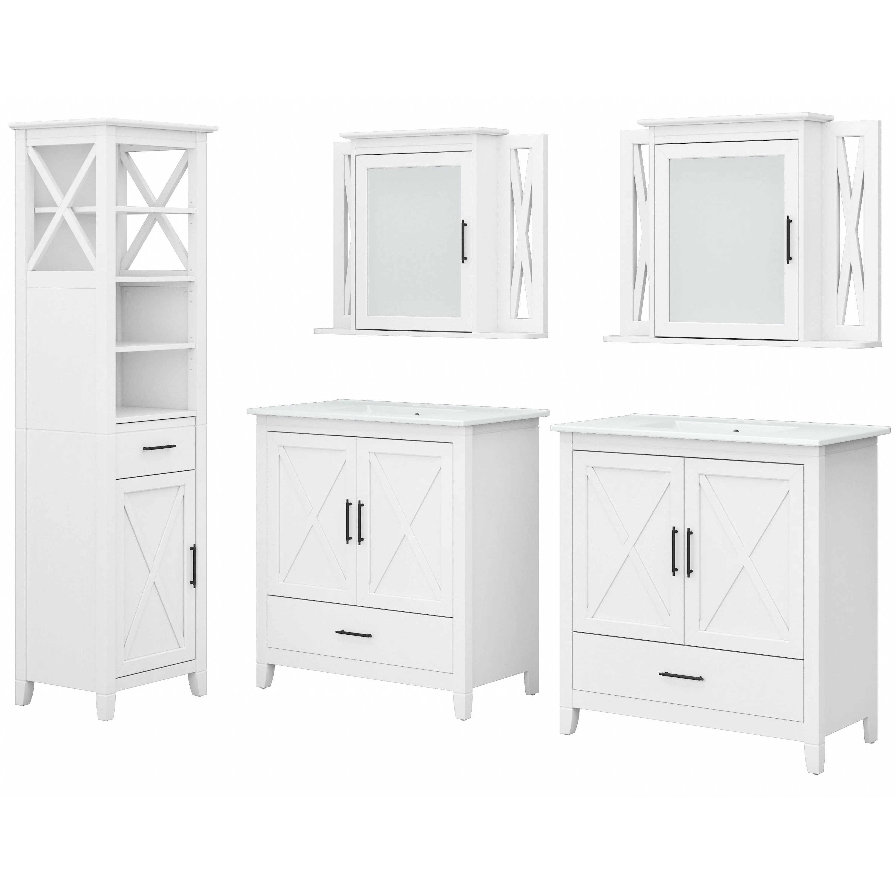 Key West 64W Double Vanity Set with Sinks, Medicine Cabinets and Linen Tower