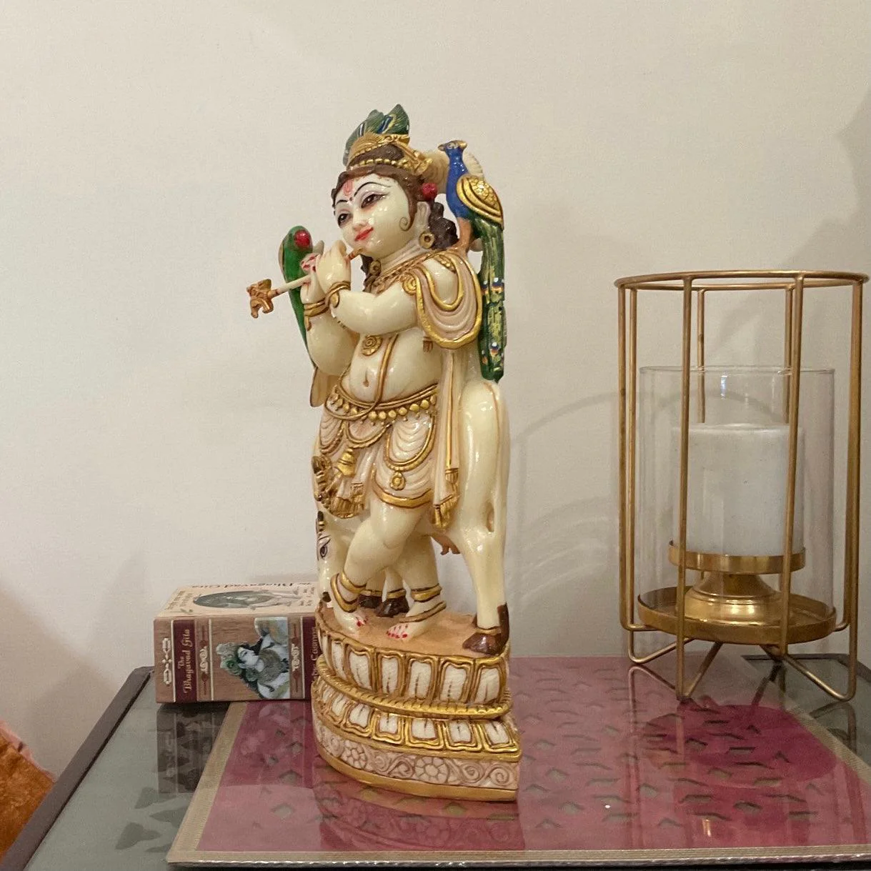 Handcrafted Krishna & Cow Marble Dust Resin Idol -  Hindu God Statue - Decorative Murti