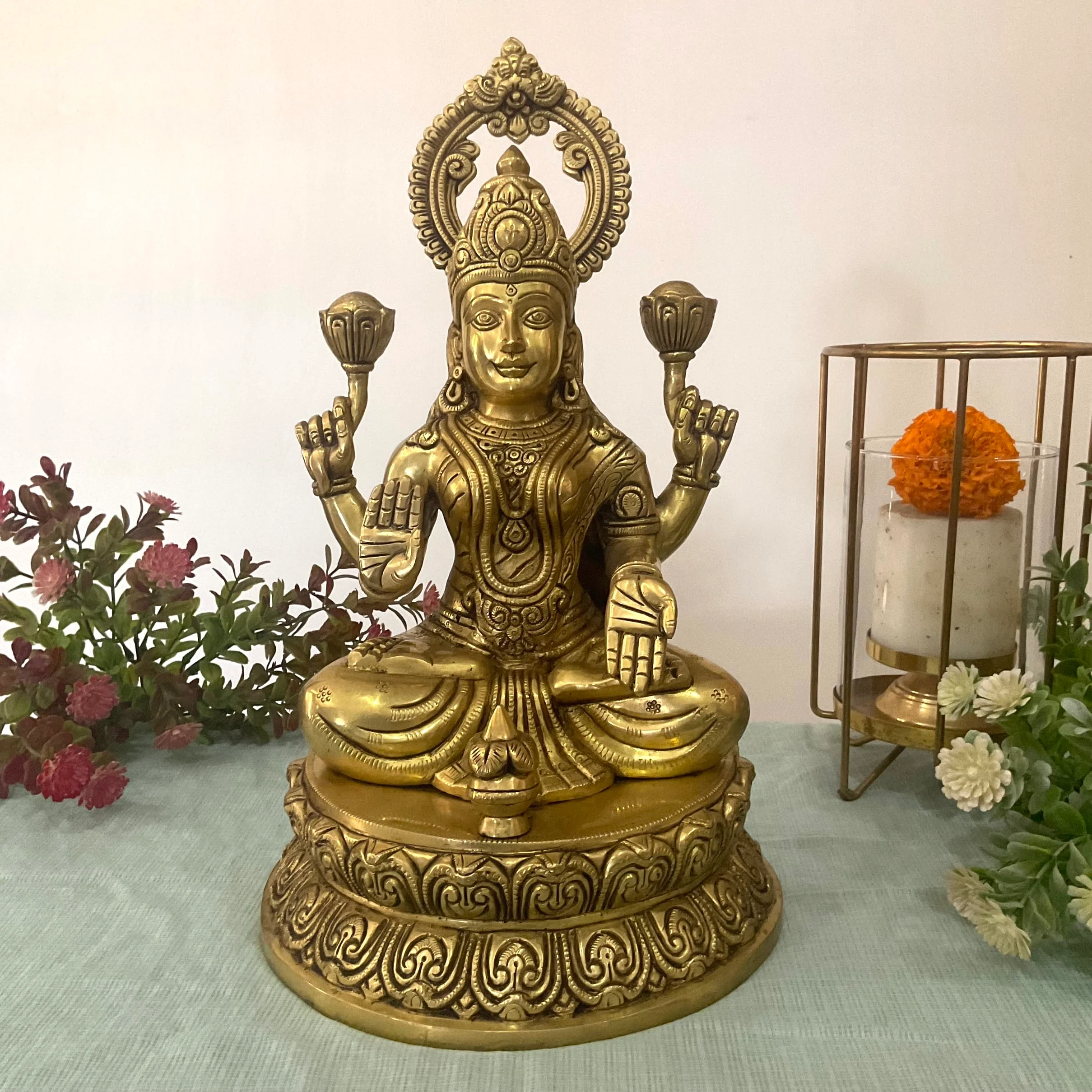 14 Inch Goddess Lakshmi Brass Idol - Goddess of Fortune, Wealth, Prosperity - Pooja Statue