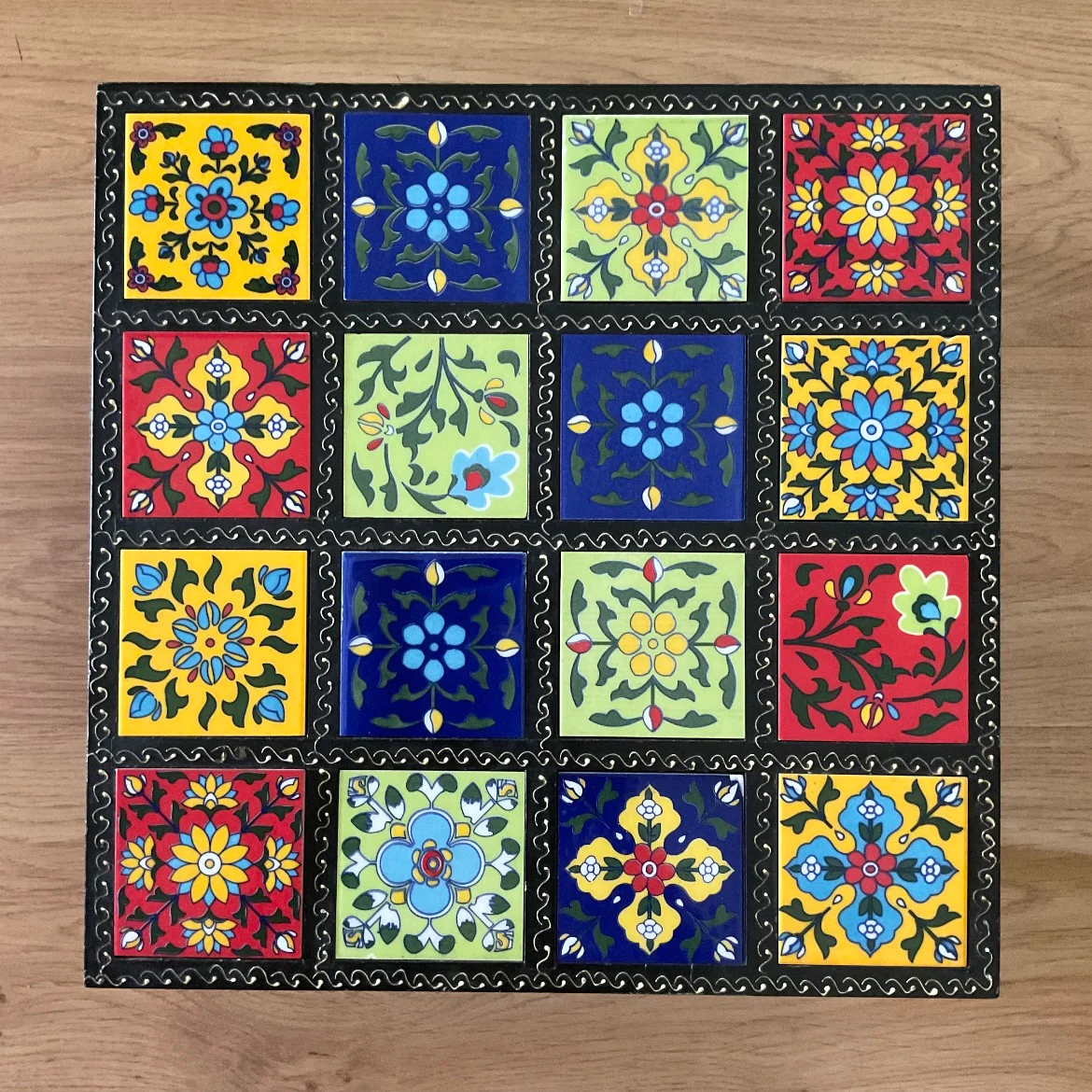 14 Inches Ceramic Tile Wooden Chowki For Idols And Pooja