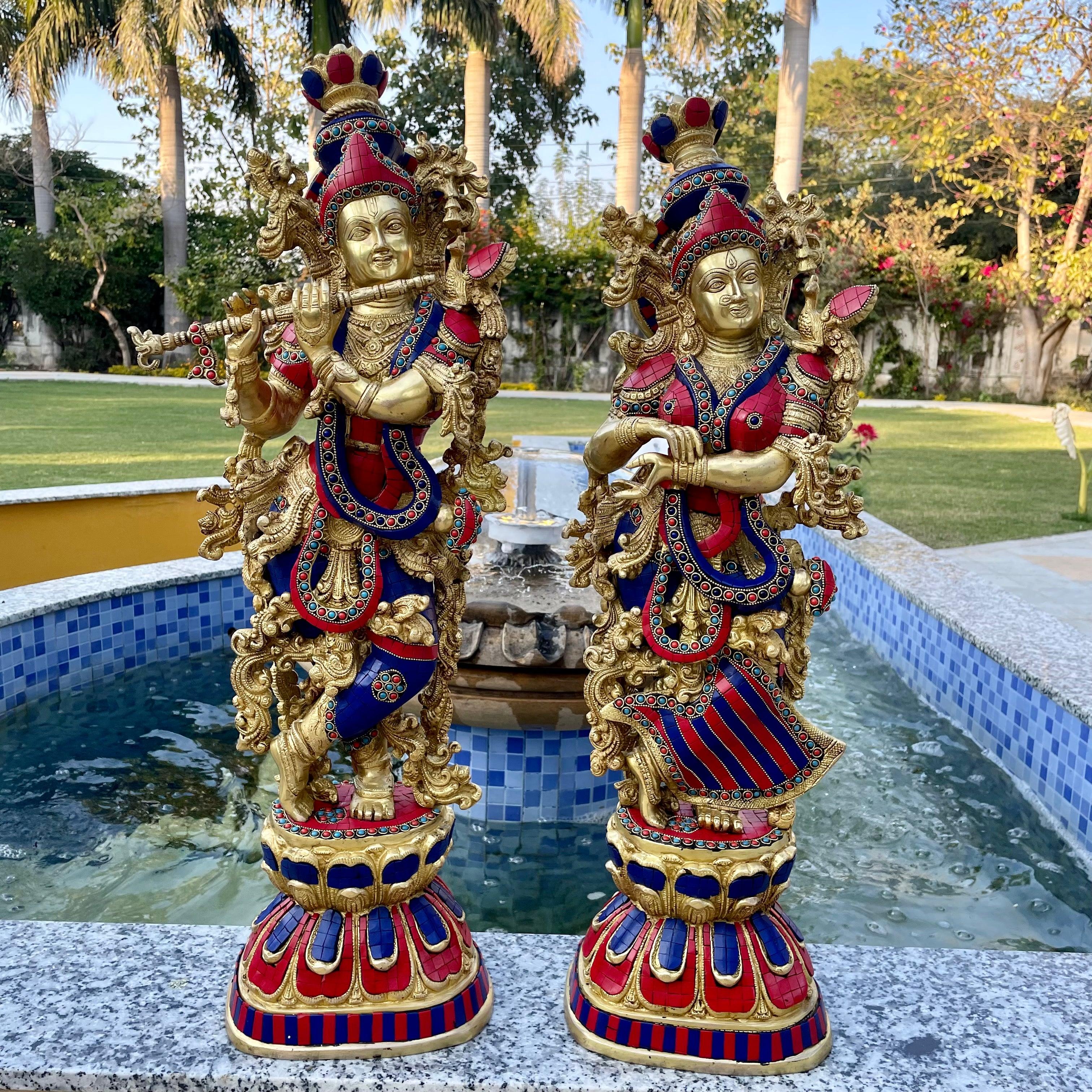 30 Inches Radha Krishna Statue - Brass Stonework Idol - Decorative Figurines