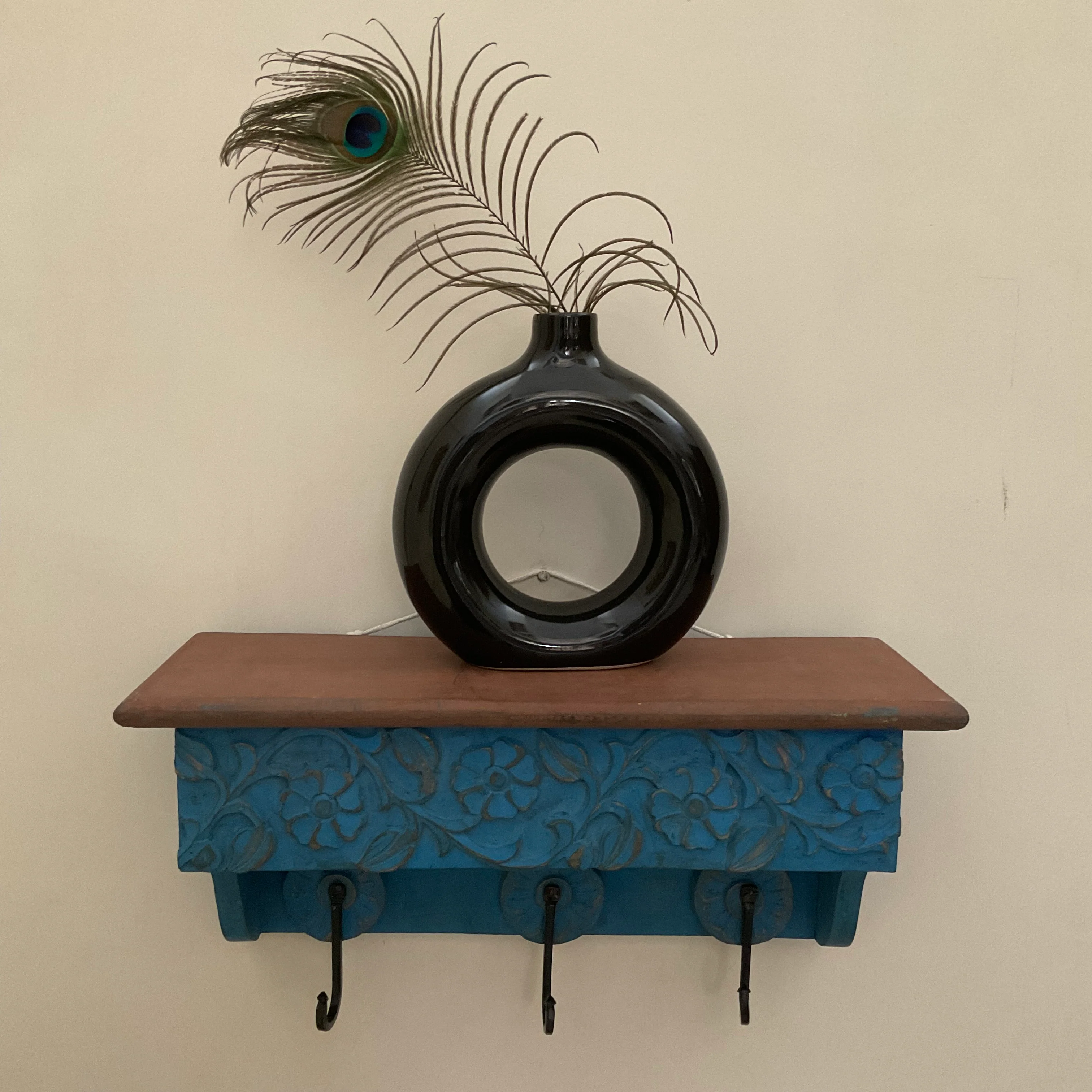 Distressed Wooded Blue Platform With Key Holder Wall Hanging Entryway Decor