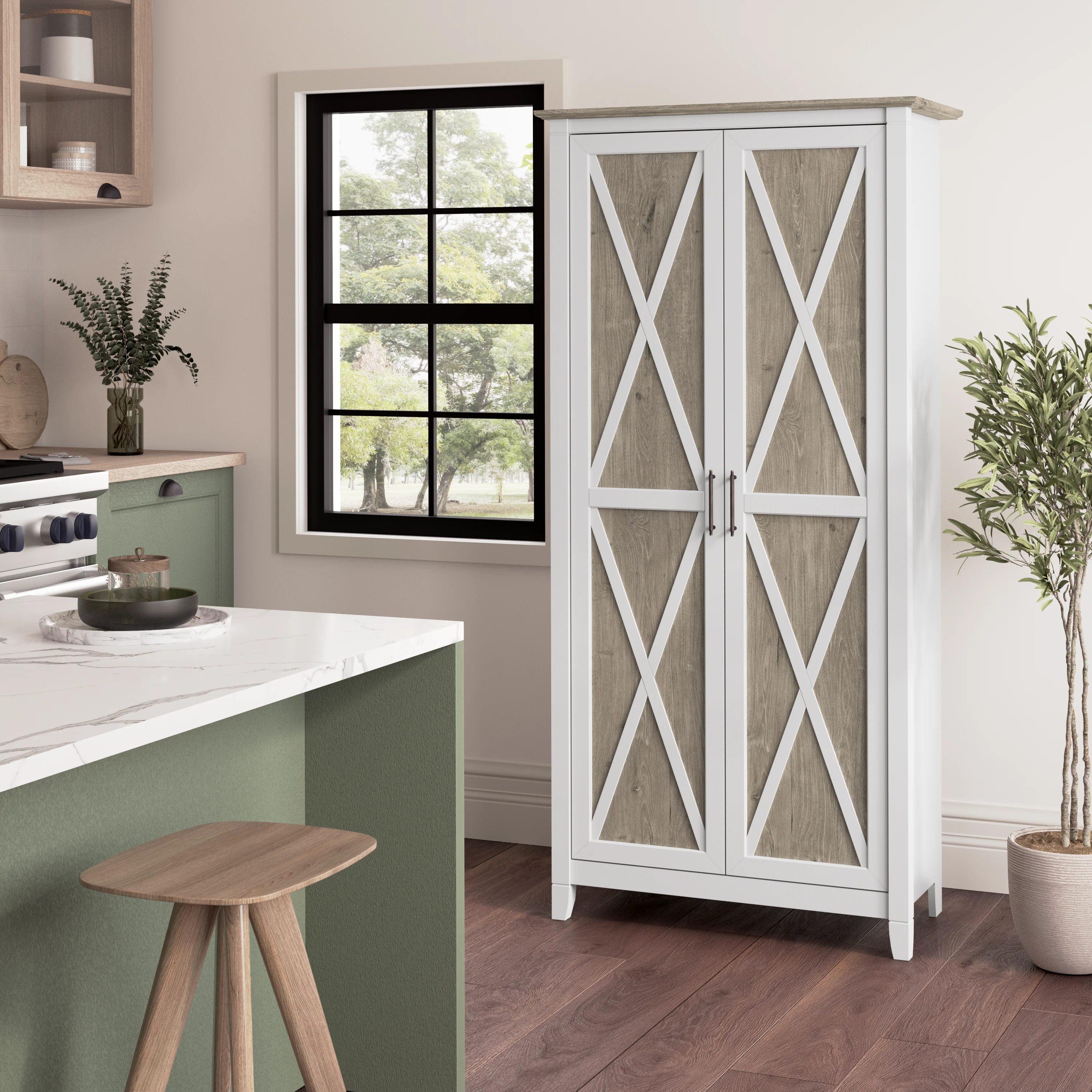 Key West Tall Kitchen Pantry Cabinet with Doors and Shelves