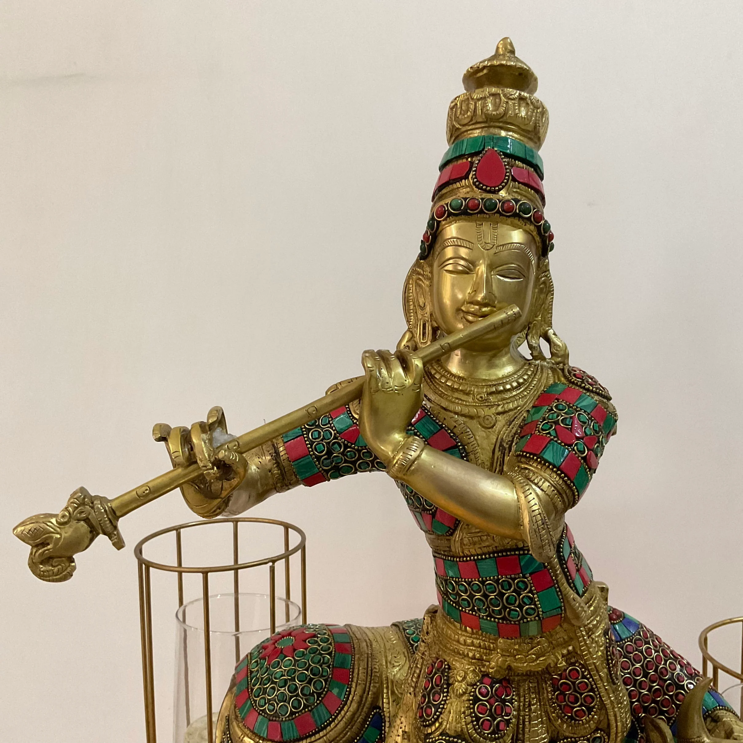 Lord Krishna Cow idol, 25 Inch Large Brass Stonework Statue for Home