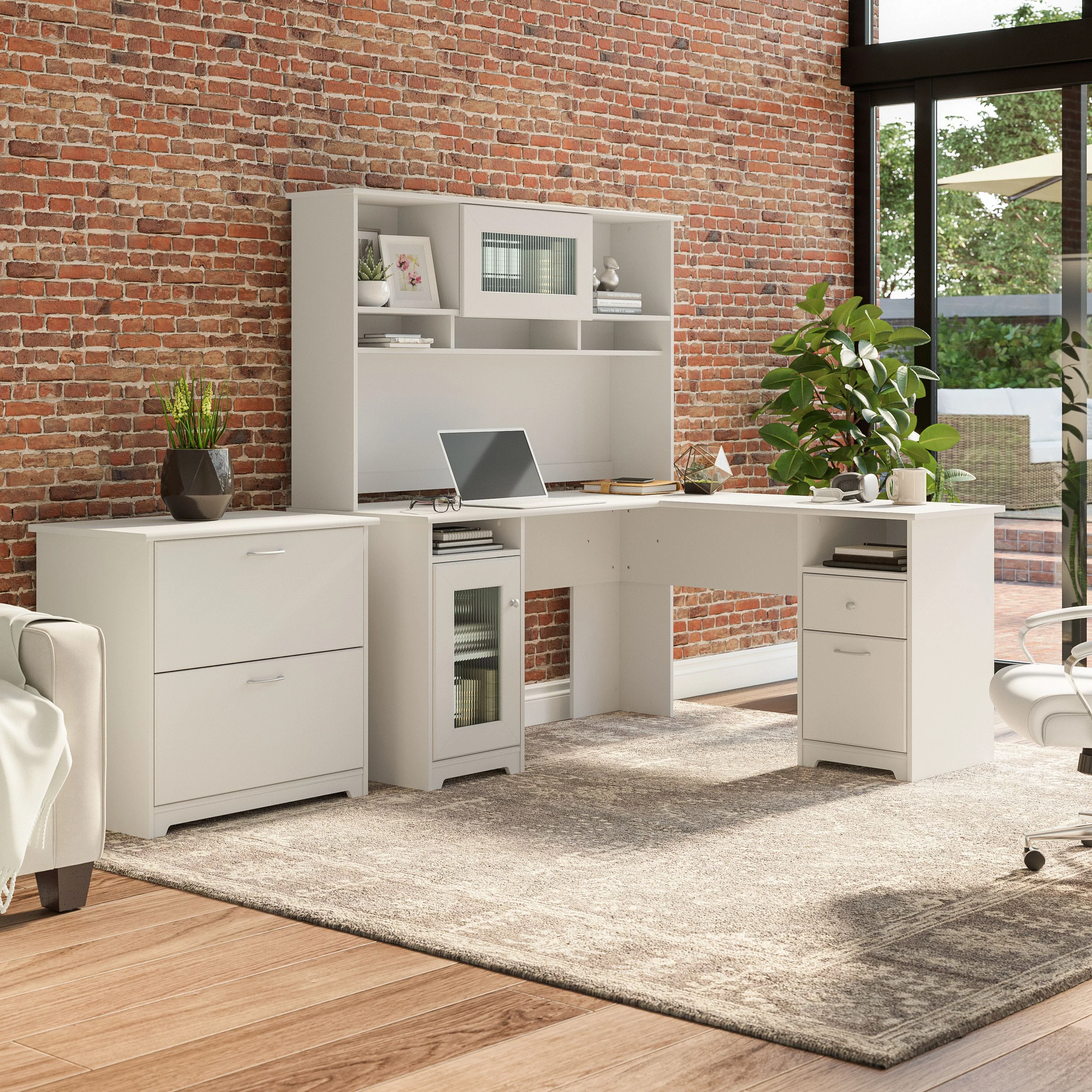 Cabot 60W L Shaped Computer Desk with Hutch and Lateral File Cabinet