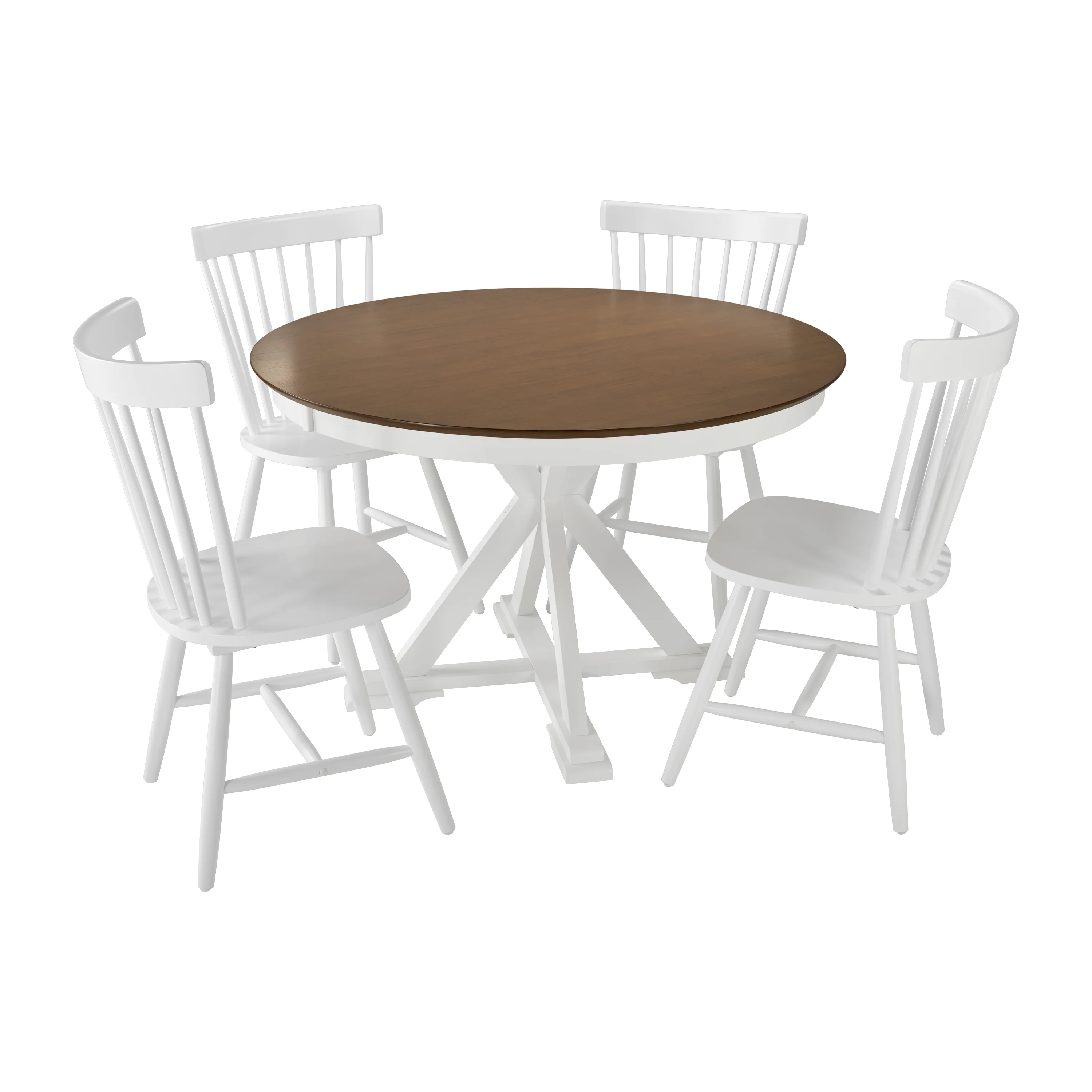 West End 45W Round Trestle Dining Table with 4 High Back Spindle Dining Chairs